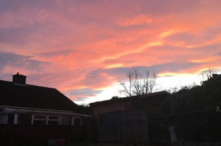 Pink sunset sky over a silhouette of houses