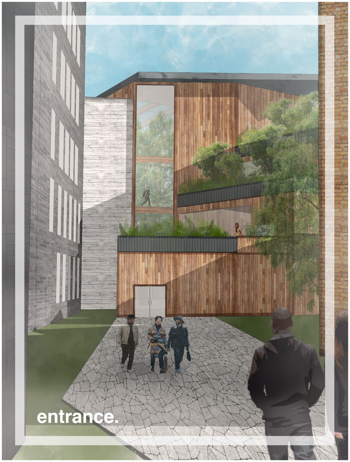 A diagram showing The Entrance - An alleyway leads to the entrance, showing a window which frames the trees in the atrium, emphasising the natural aspect.