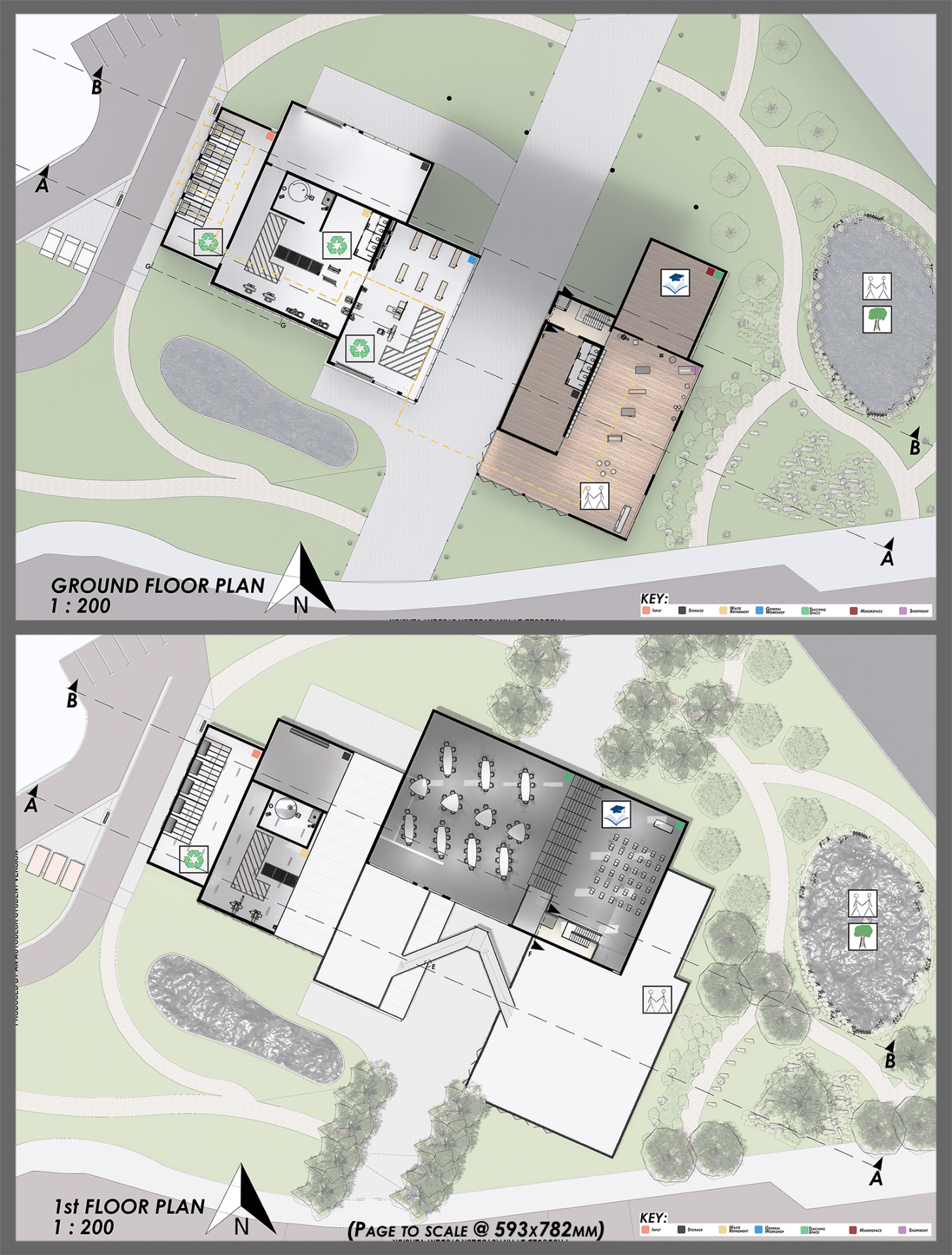 Graphic of the ground and 1st floor plans of the development.