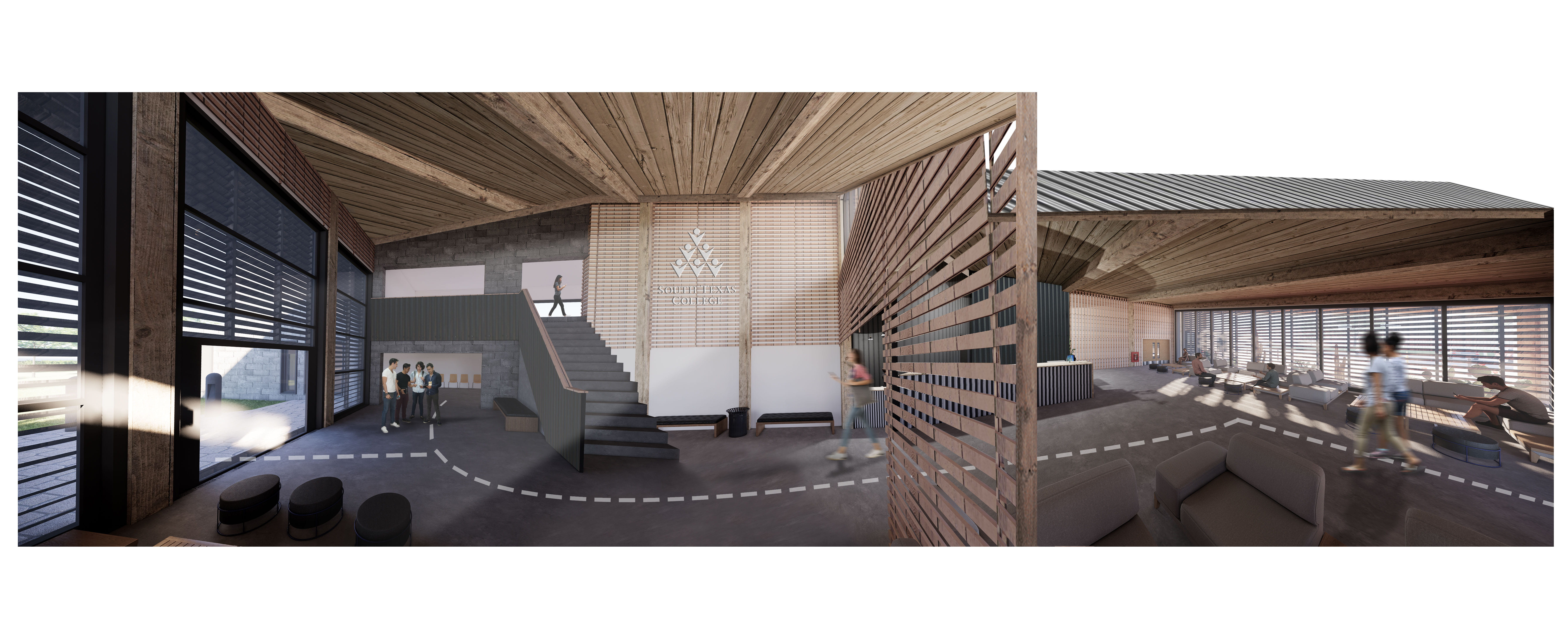 This internal visual explores the interior of the lobby/reception area of the building. Light and textural qualities have been informed by the pre-existing rudimentary language of  the Colonia.