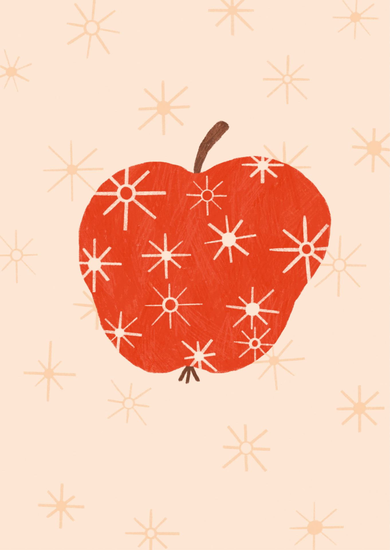 A minimalist illustration of an apple, with sparkling star designs on the foreground.