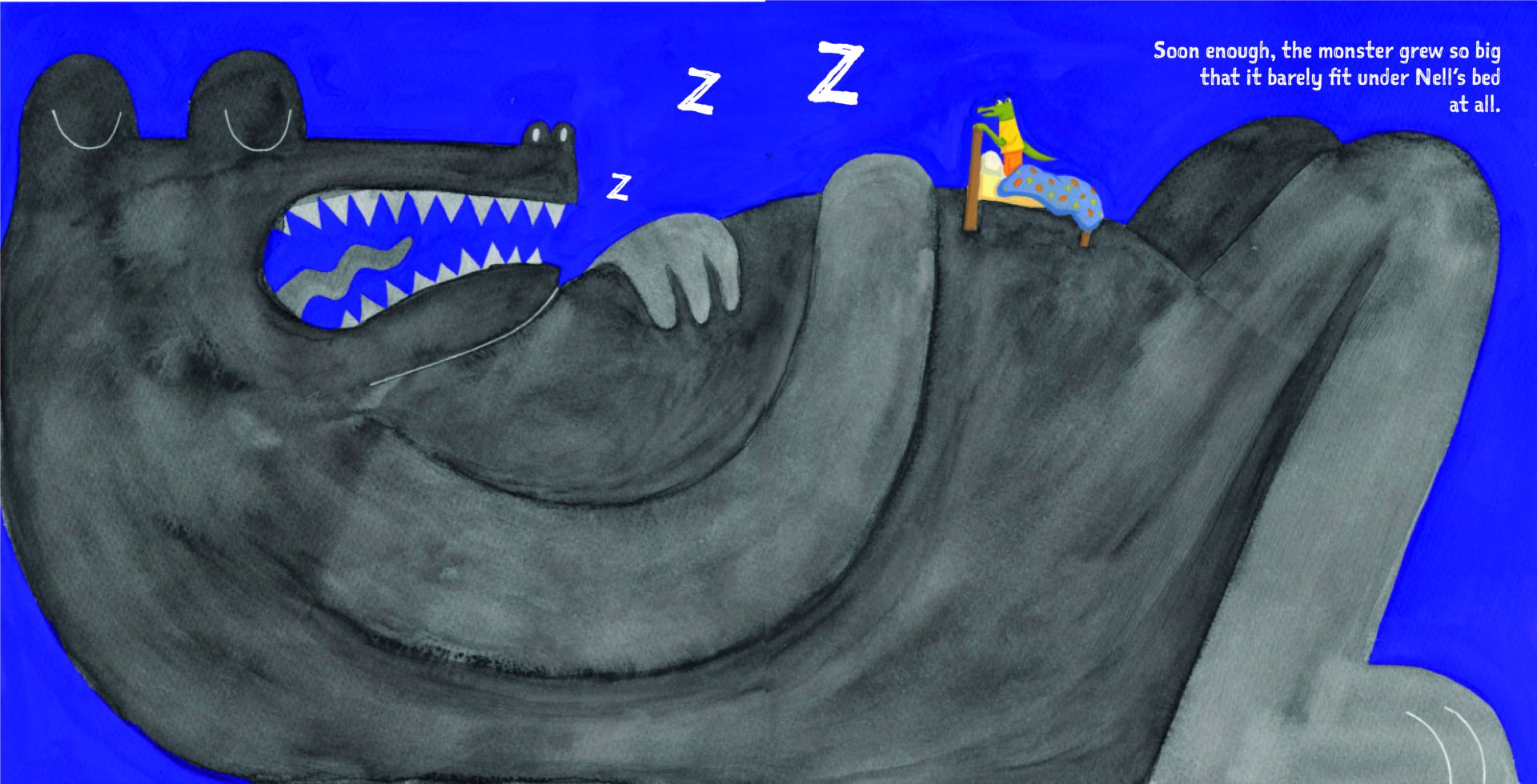 This is a double spread from a picture book about a crocodile learning to live with anxiety.