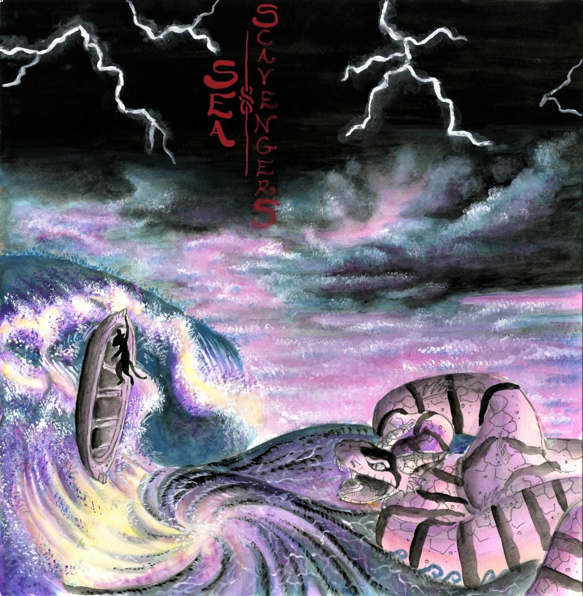 Illustration of a capsizing boat in a storm next to a giant striped snake.