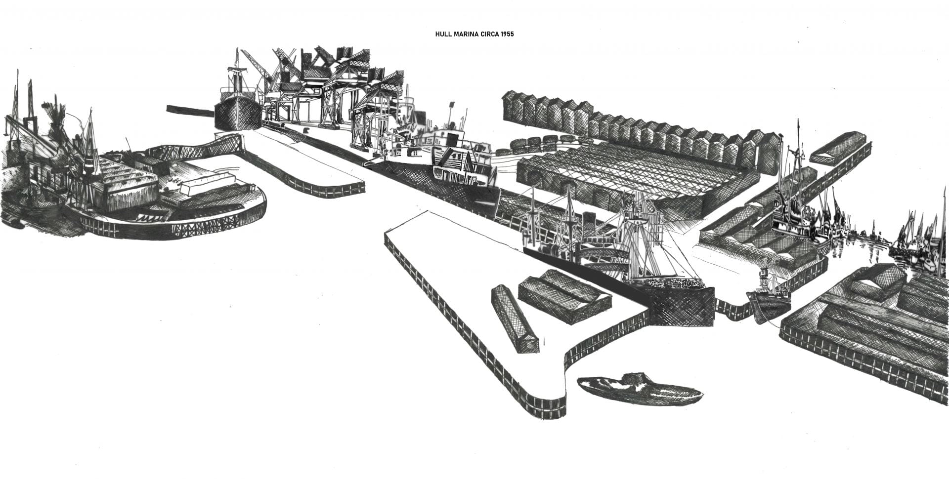 black and white drawing of the Hull Marina in the 1950's