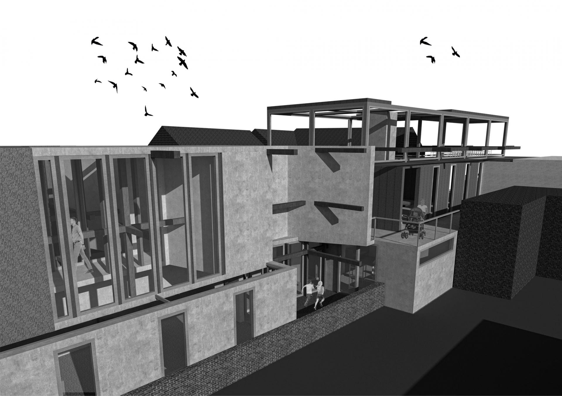 An Exterior 3D Visual of the South West of the building showing the scale, materiality and context.