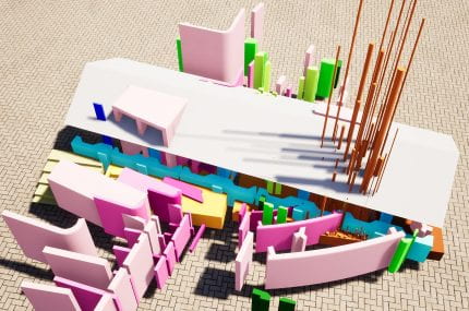 A 3d model of a building in bright colours.