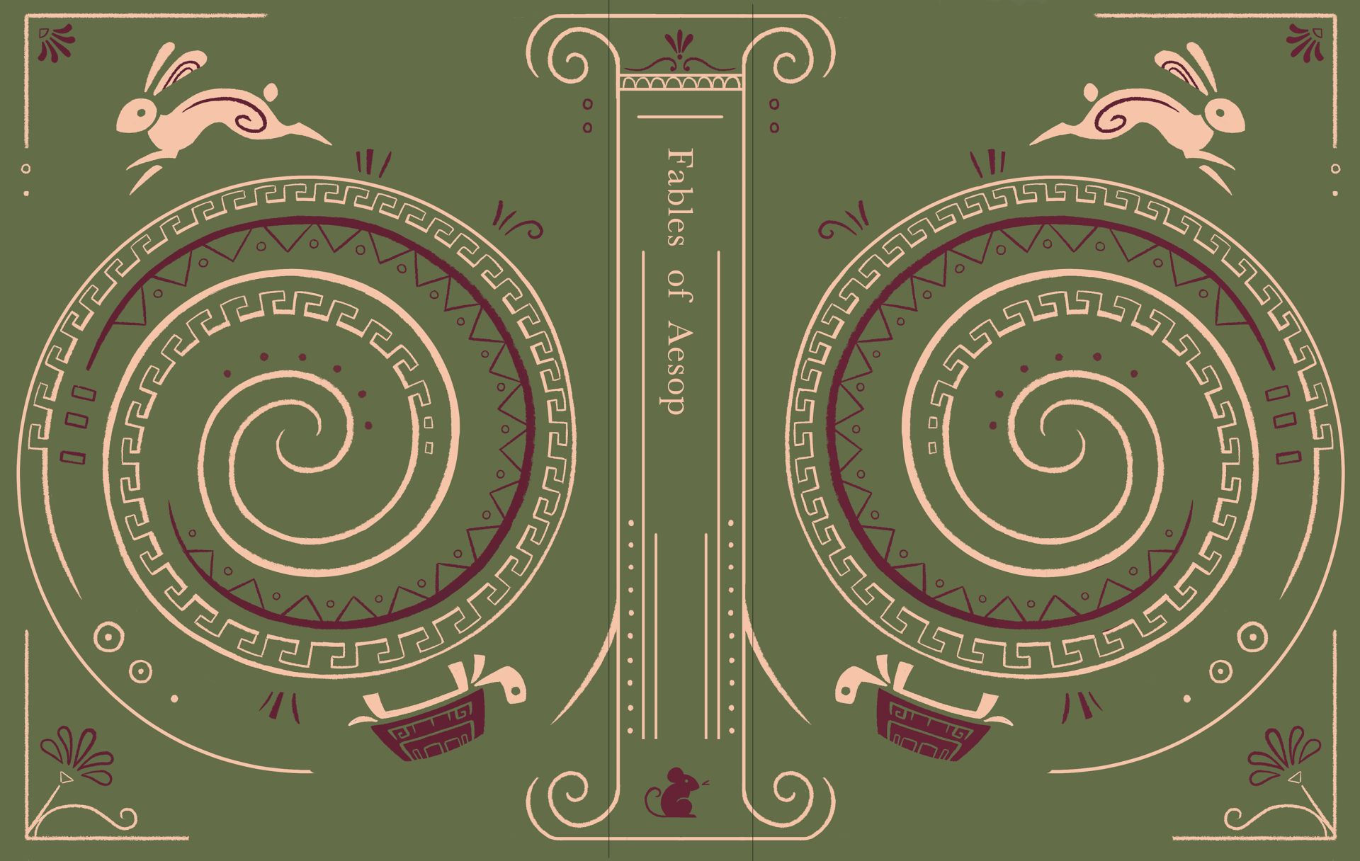 Image shows a green book cover spread, titled 'Fables of Aesop' on the spine. Each page is decorated with a spiral, with a hare and a tortoise running around it. The spirals have greek patterns incorporated into them, and the shape of a greek pillar surrounds the spine.