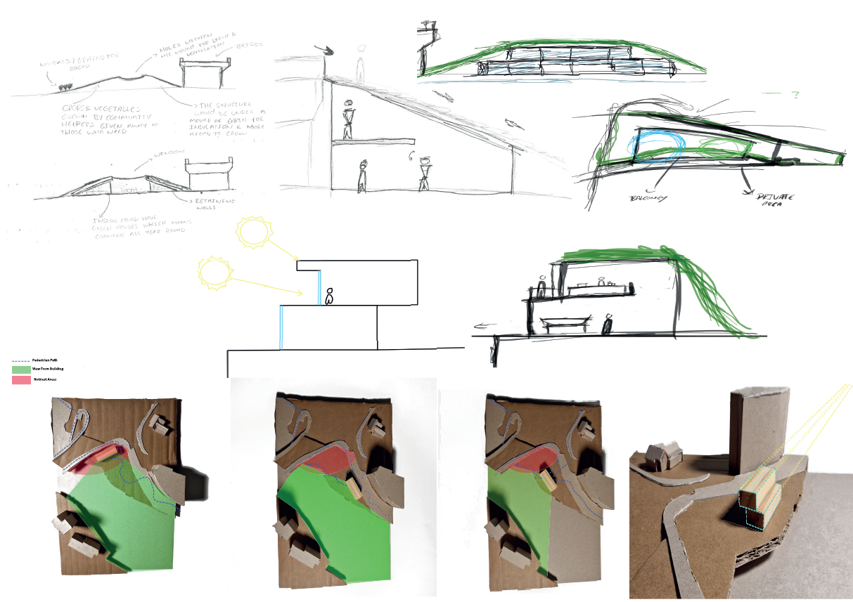 For my initial design and ideas I was exploring forms as well as how to the building would sit on the site, I was also exploring sustainable ideas