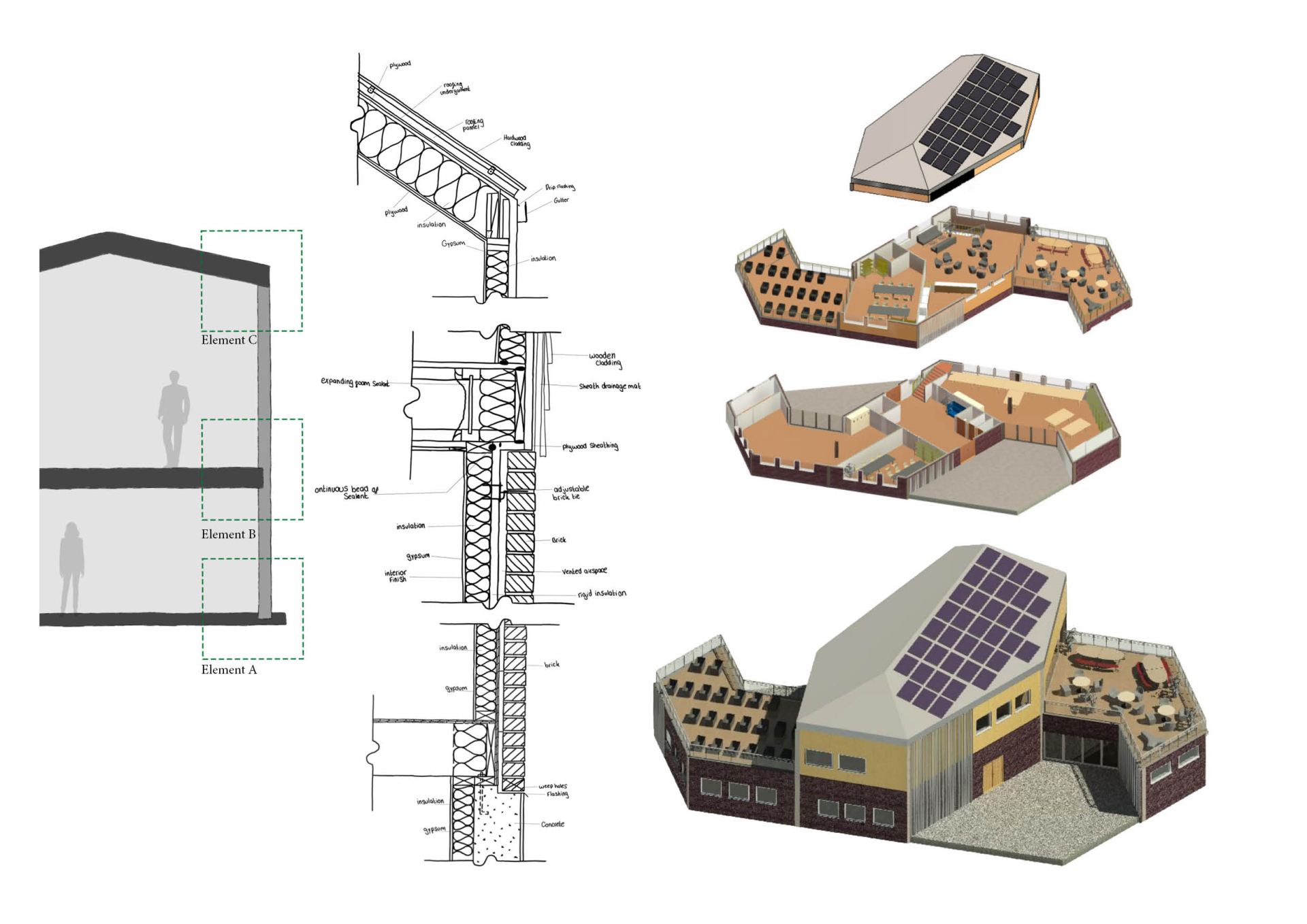 Sustainable transition hub - Construction details, Isometric model and final render