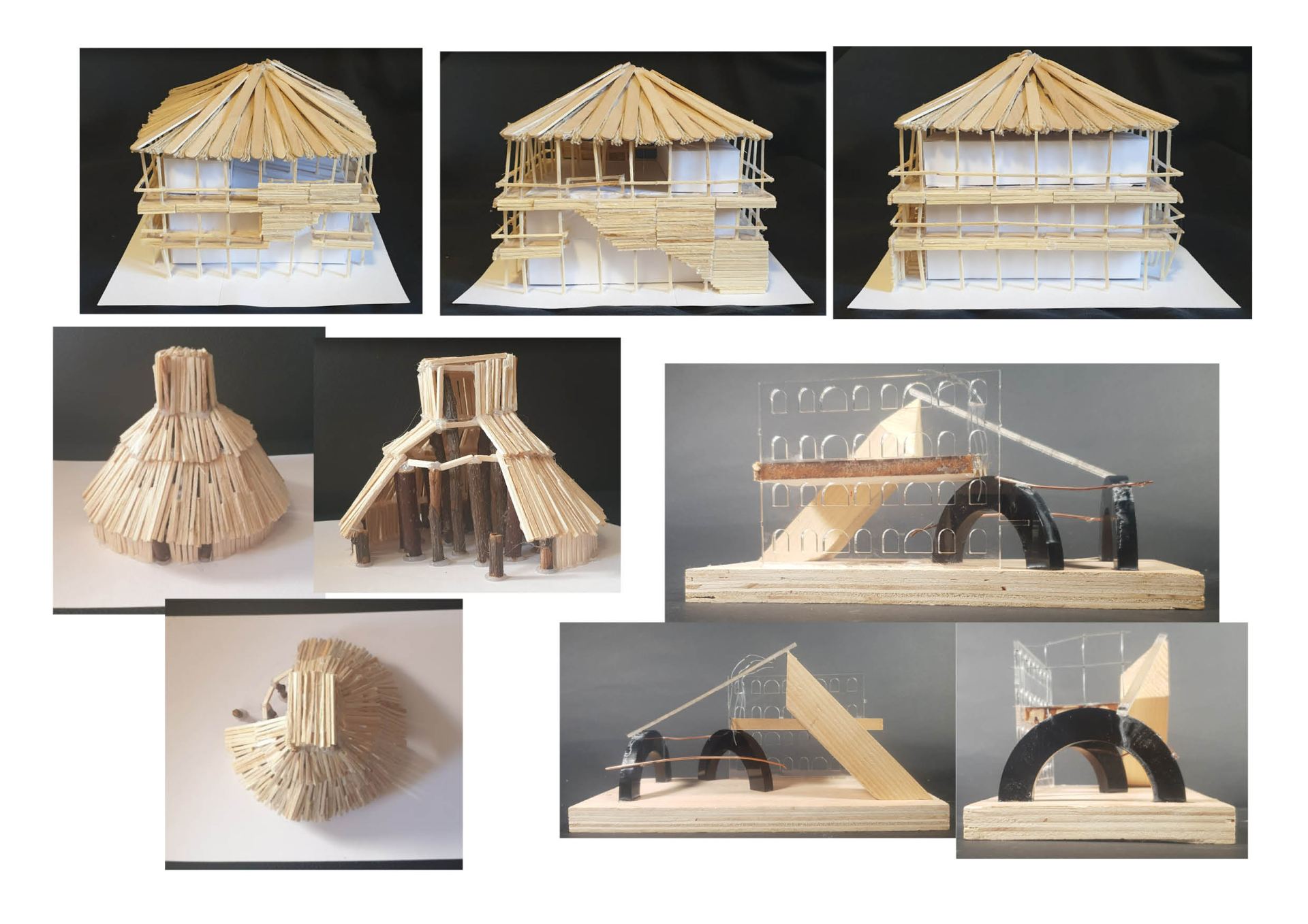 A collection of models showcasing modern and vernacular structures as well as a concept idea
