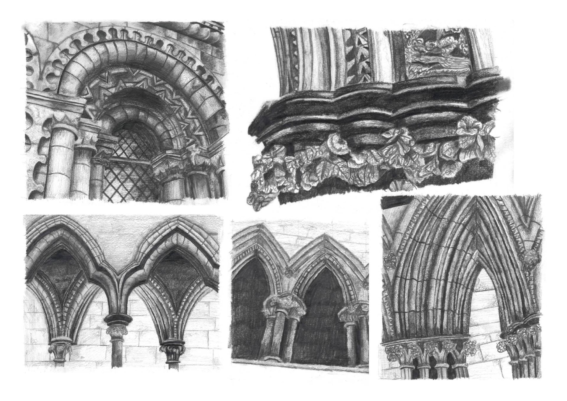 A collection of detailed cathedral drawings completed in pencil