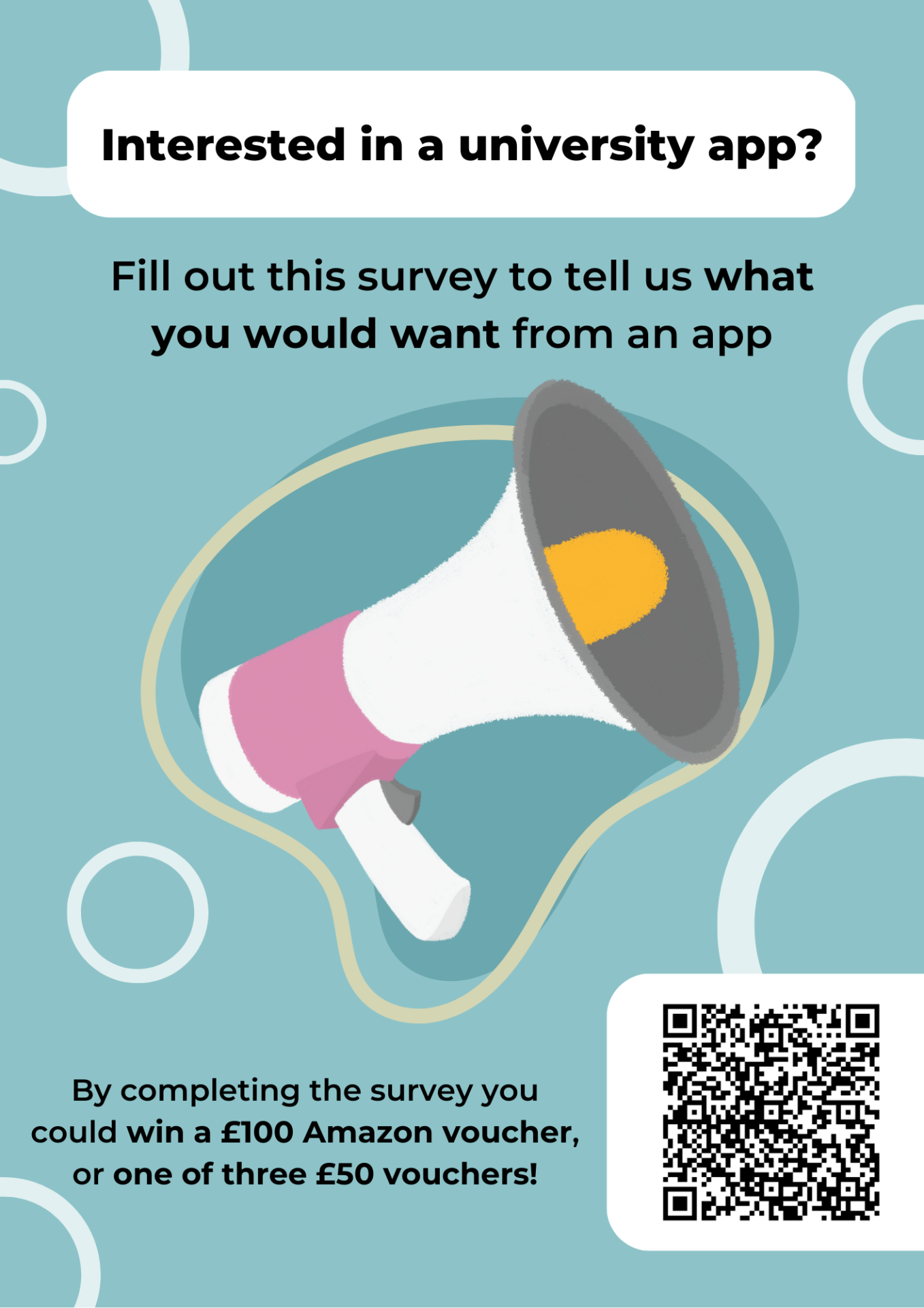 A megaphone surrounded by text asking if students want to take part in a survey