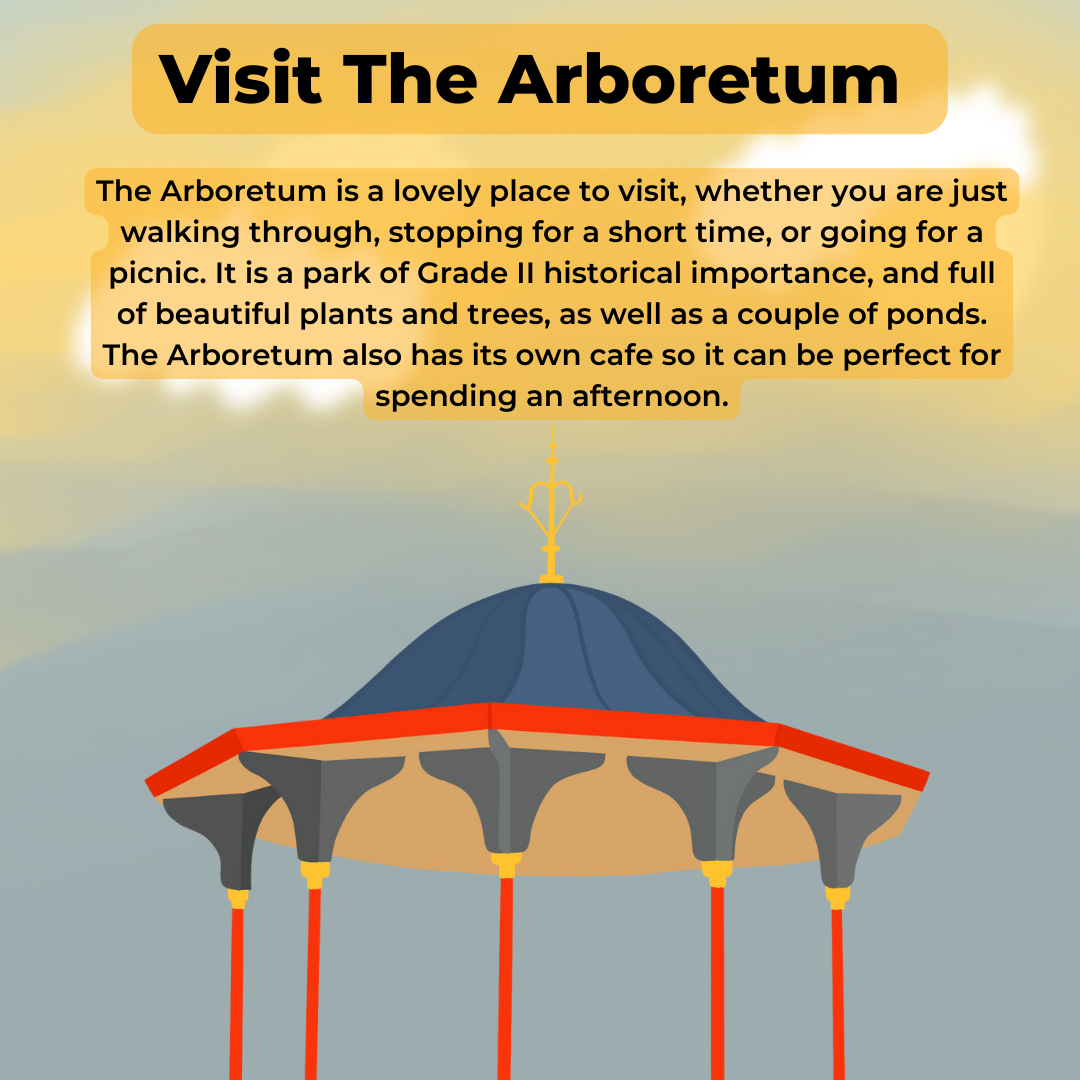 An illustration of the arboretum bandstand at sunset