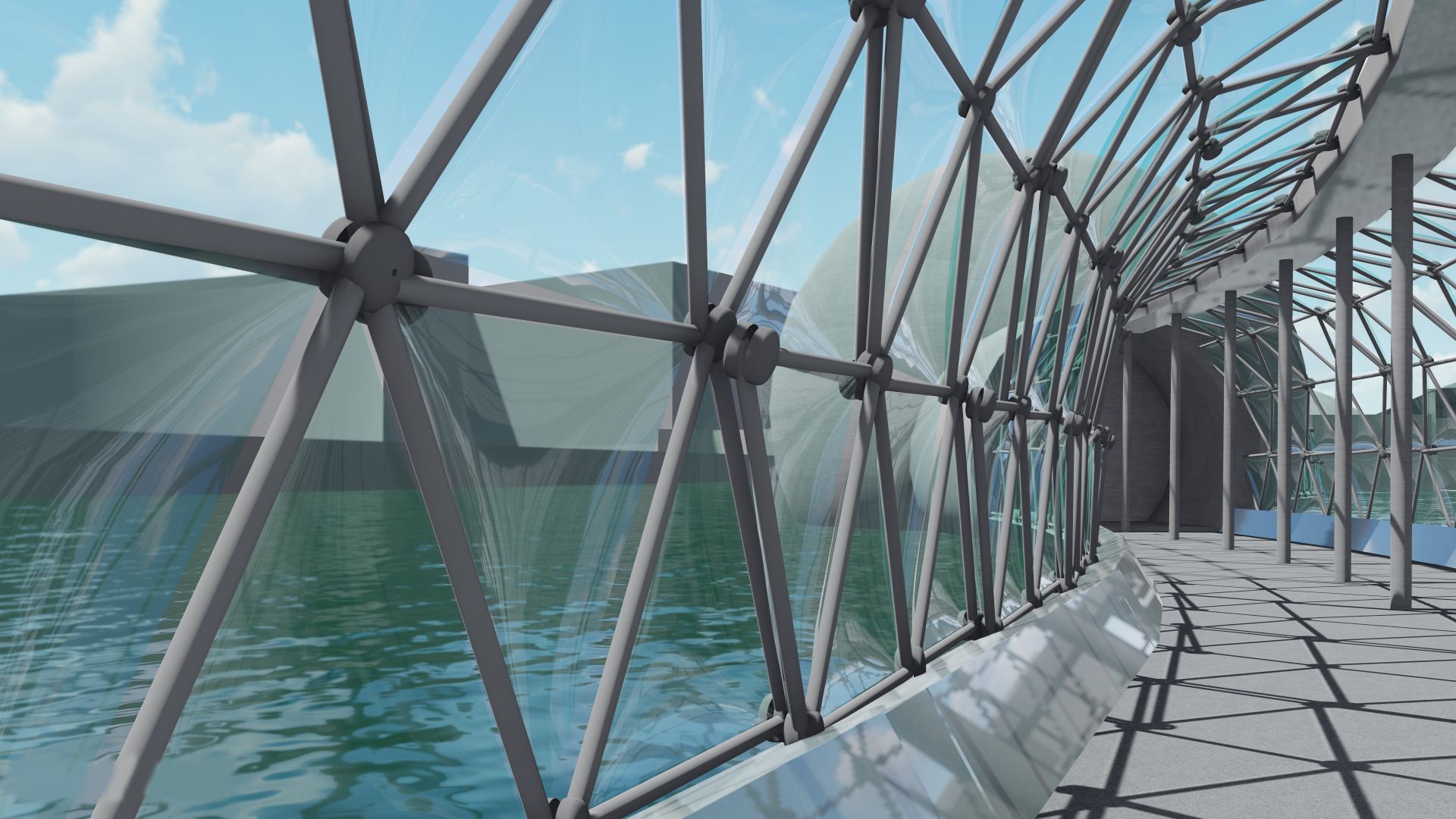 Internal visualisation of floating tunnels looking onto surrounding context