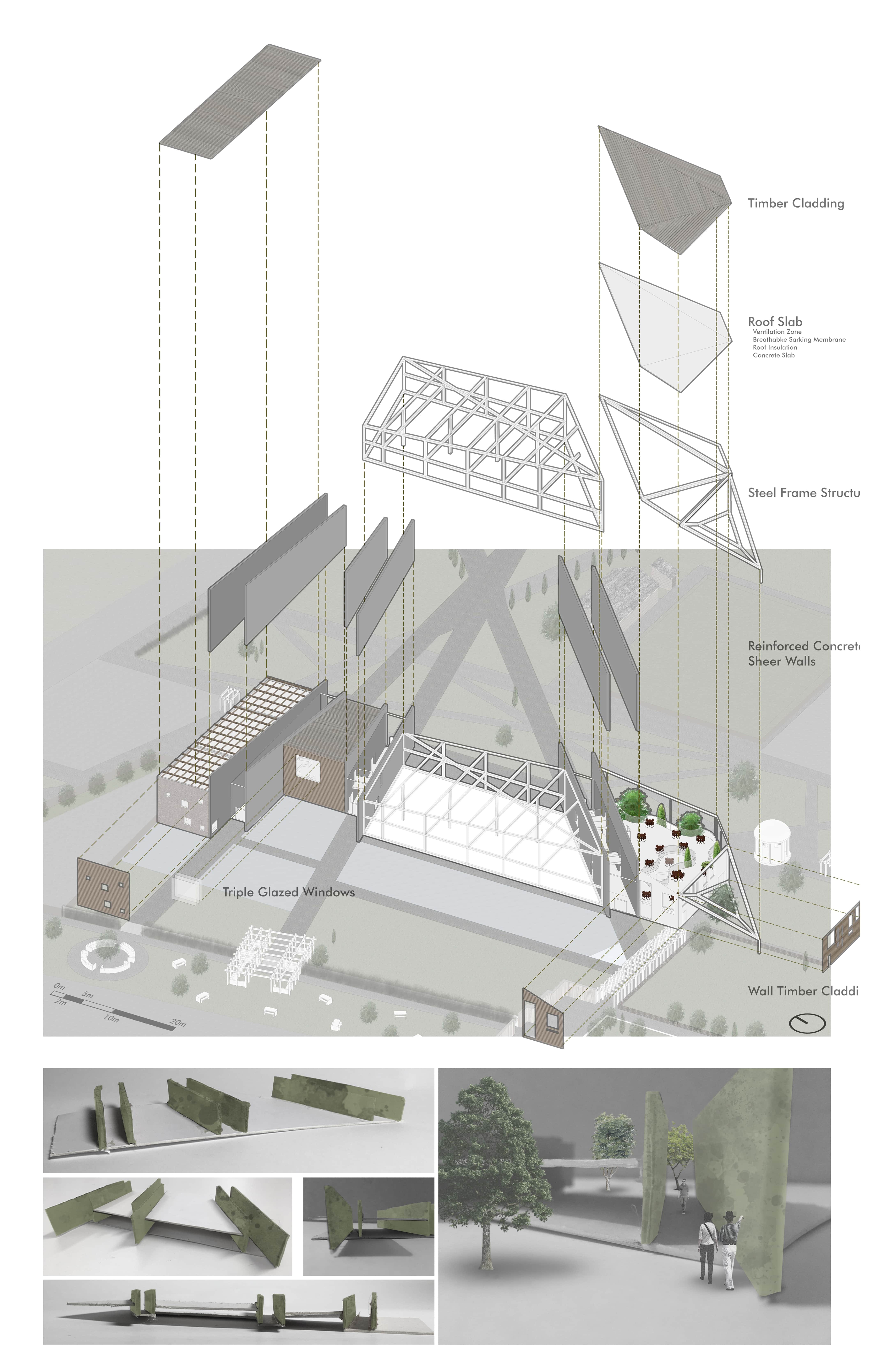 An illustration of a map alongside a digitally rendered version of the building; structurally, the building is composed of a steel frame in composite with reinforced concrete walls that divide the centre into different areas of functionality.