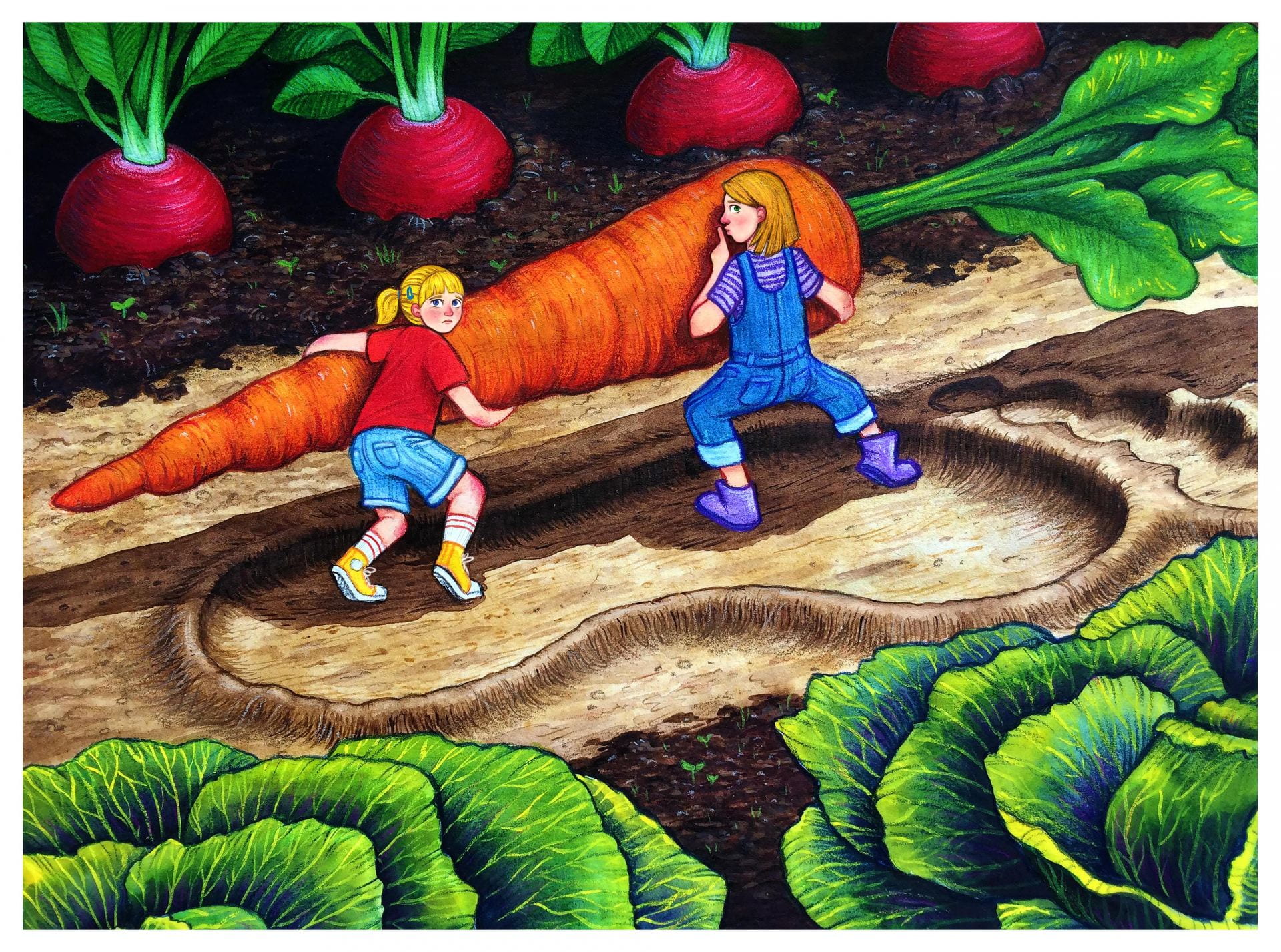 An illustration, two children, lifting a giant carrot within a garden of giant vegetables.