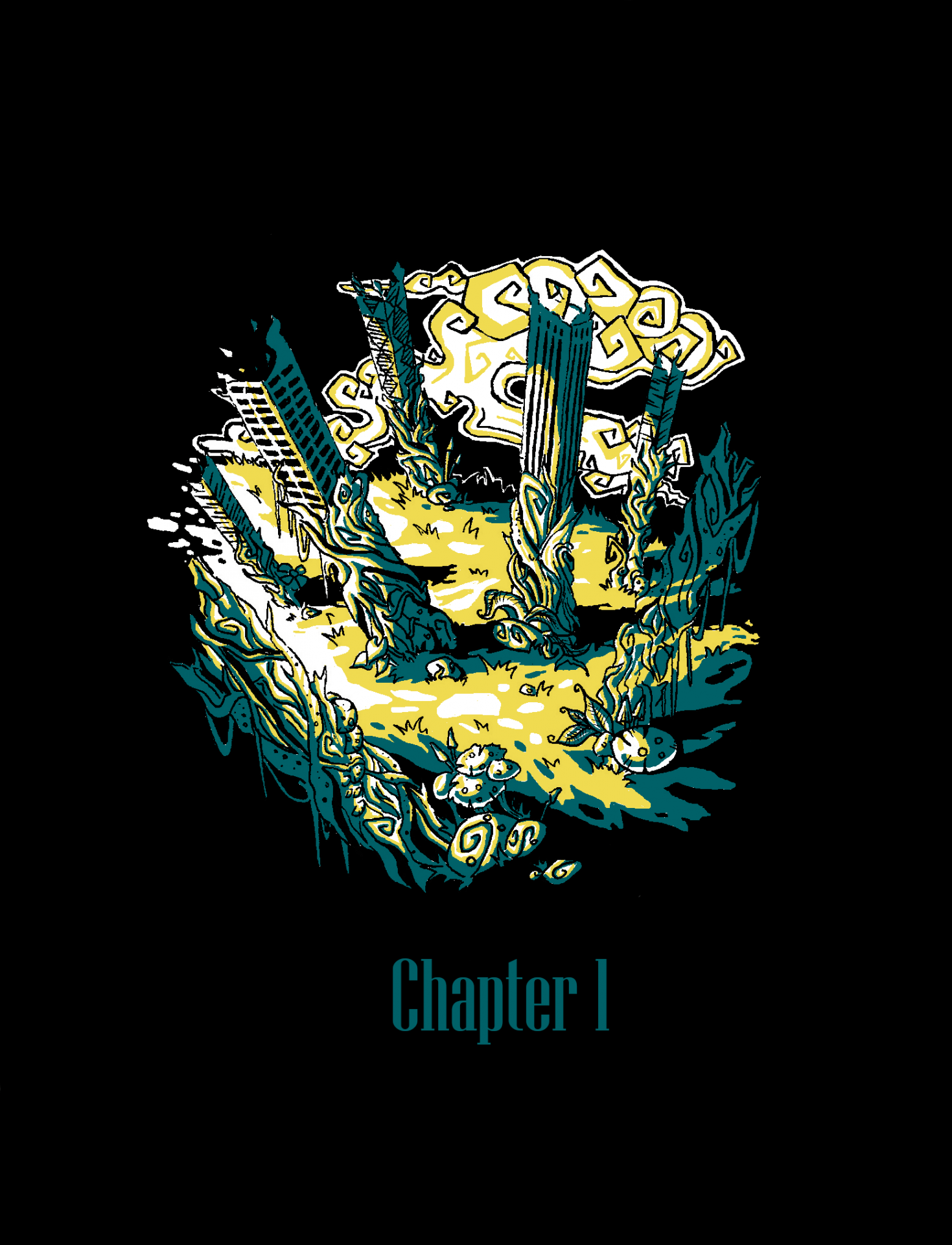 Illustration of plants growing up tall buildings with the caption 'Chapter 1'.