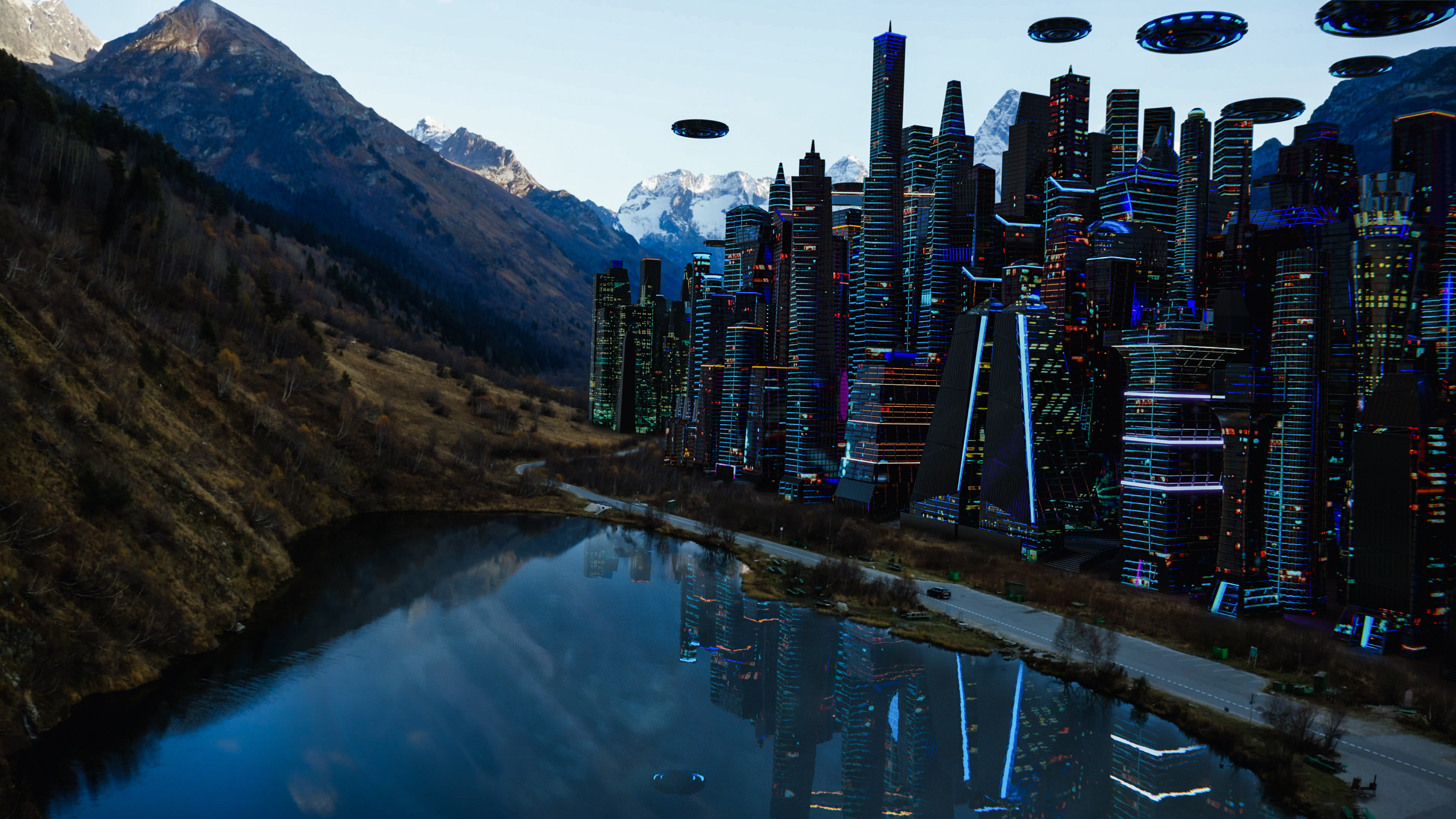 Image of a vast mountainous landscape fused with science-fiction inspired computer-generated imagery.