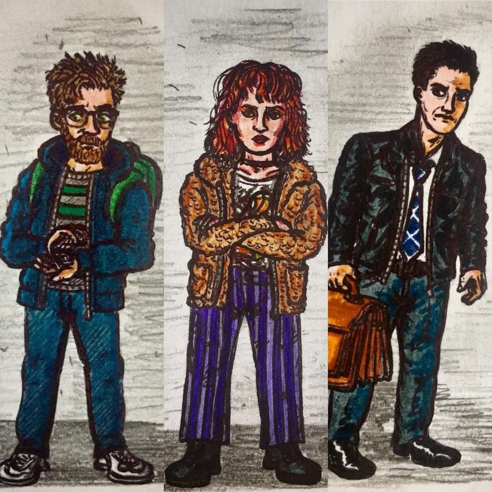 Drawings of characters; Ned, Evie & Dan. Created by James Bell.