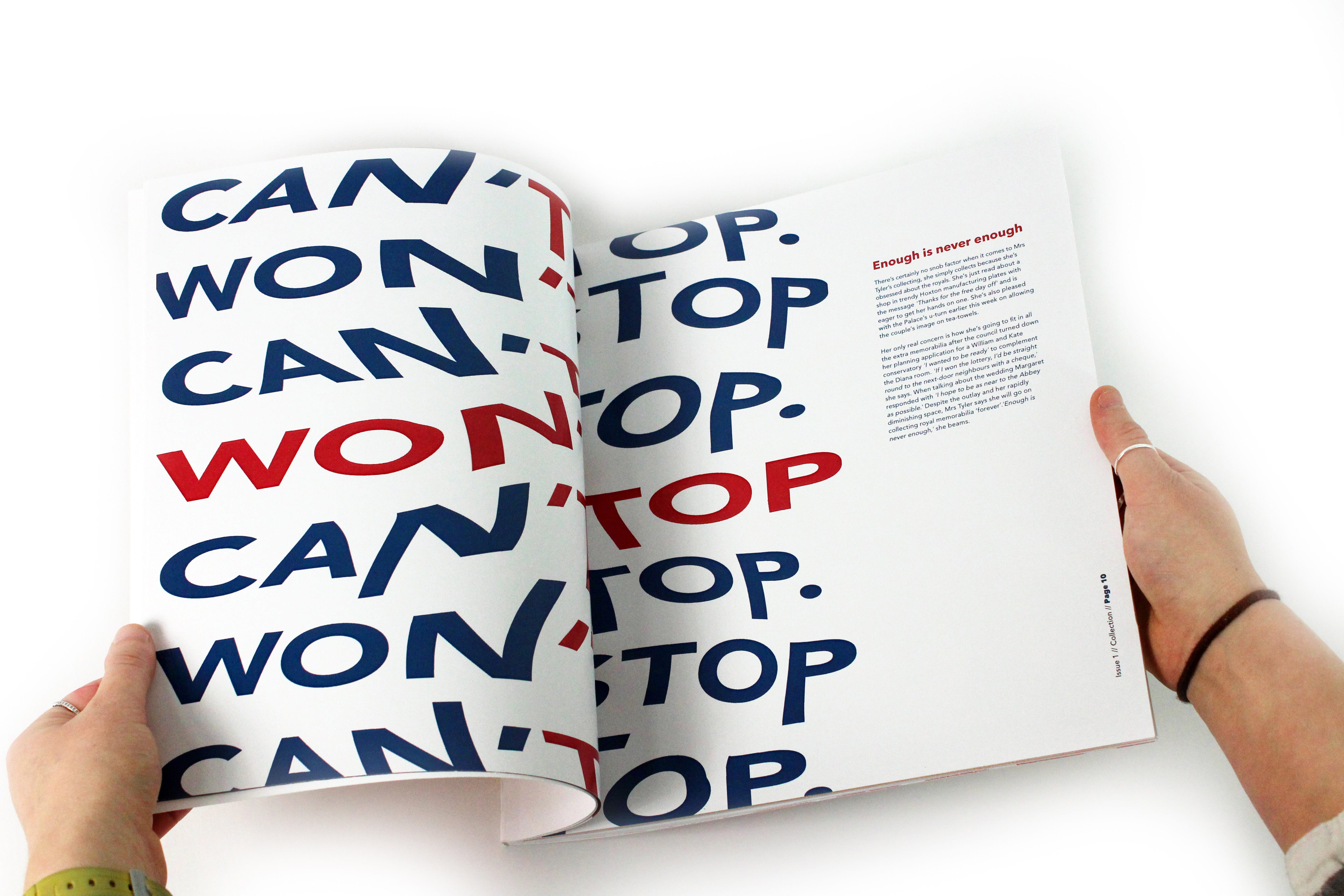 A magazine spread, with distorted, red and blue text reading: 'can't stop, won't stop,' down the page.