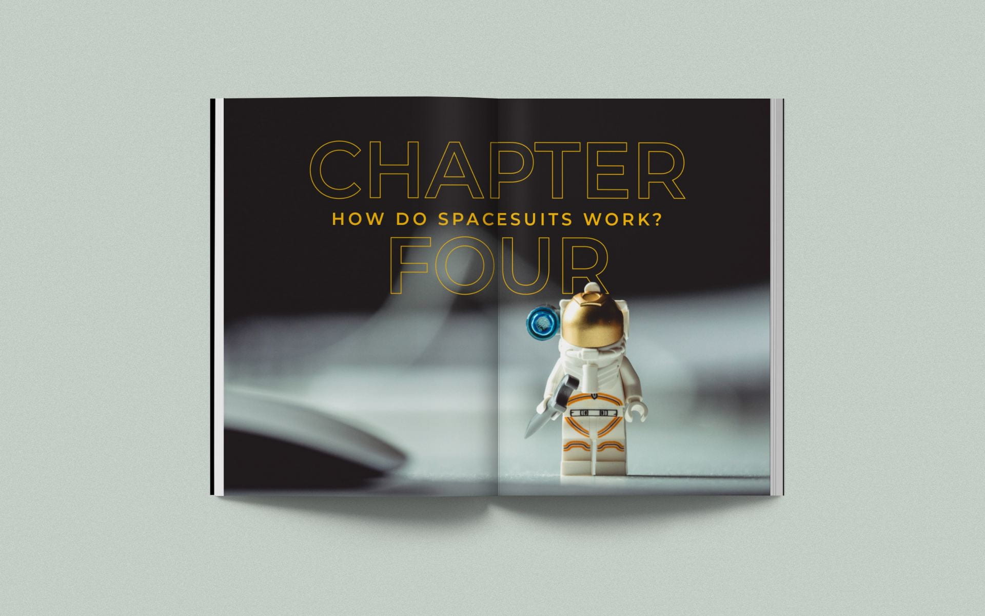 Chapter four 'How do Spacesuits work?' with a background image of an astronaut lego figure.