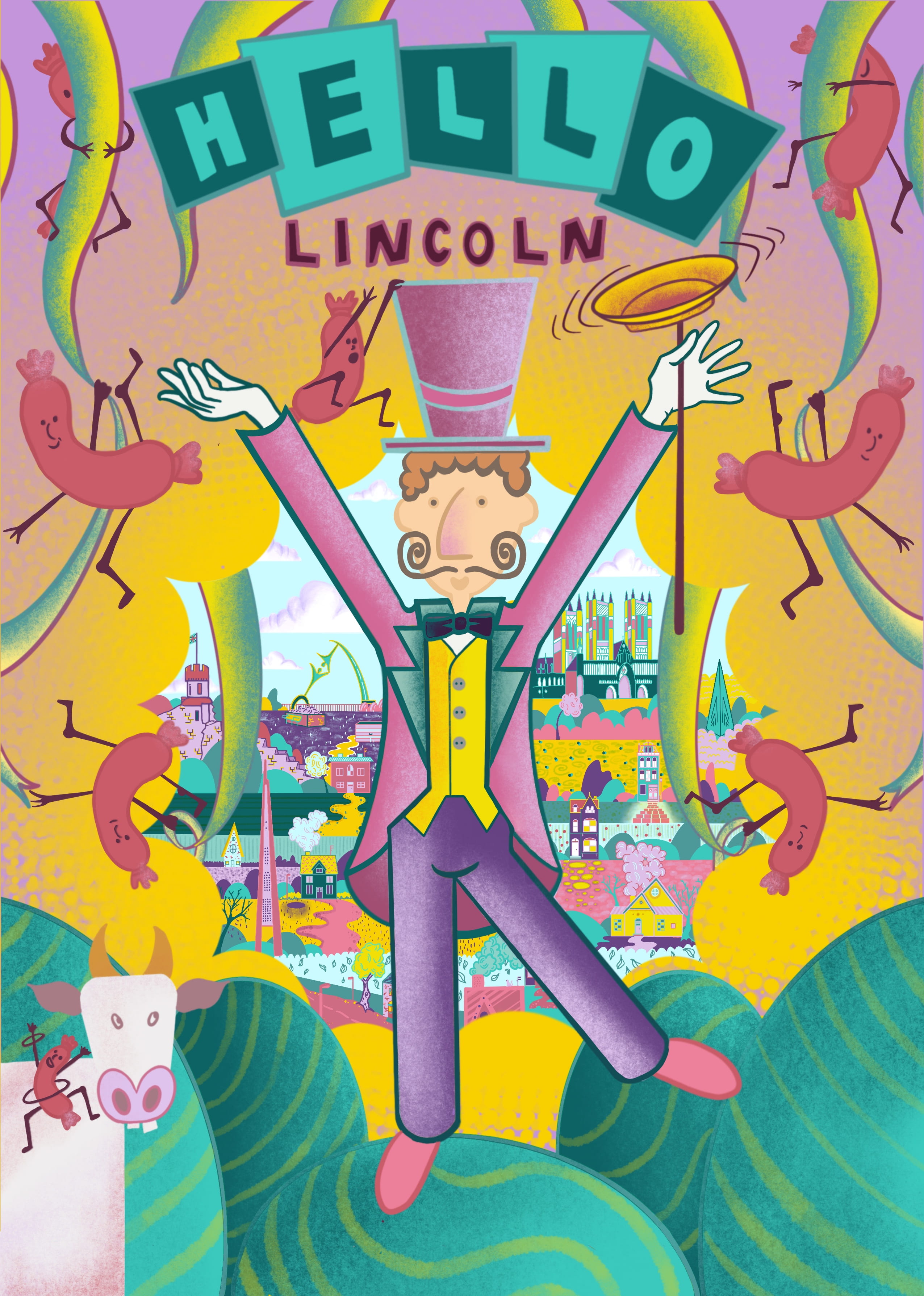 Illustration. Man in pink tail-coat and top-hat spinning a yellow plate on a stick. Title reads: Hello Lincoln.