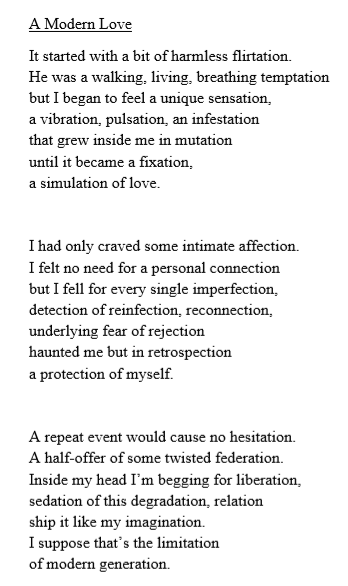 Poem entitled 'A modern love'.