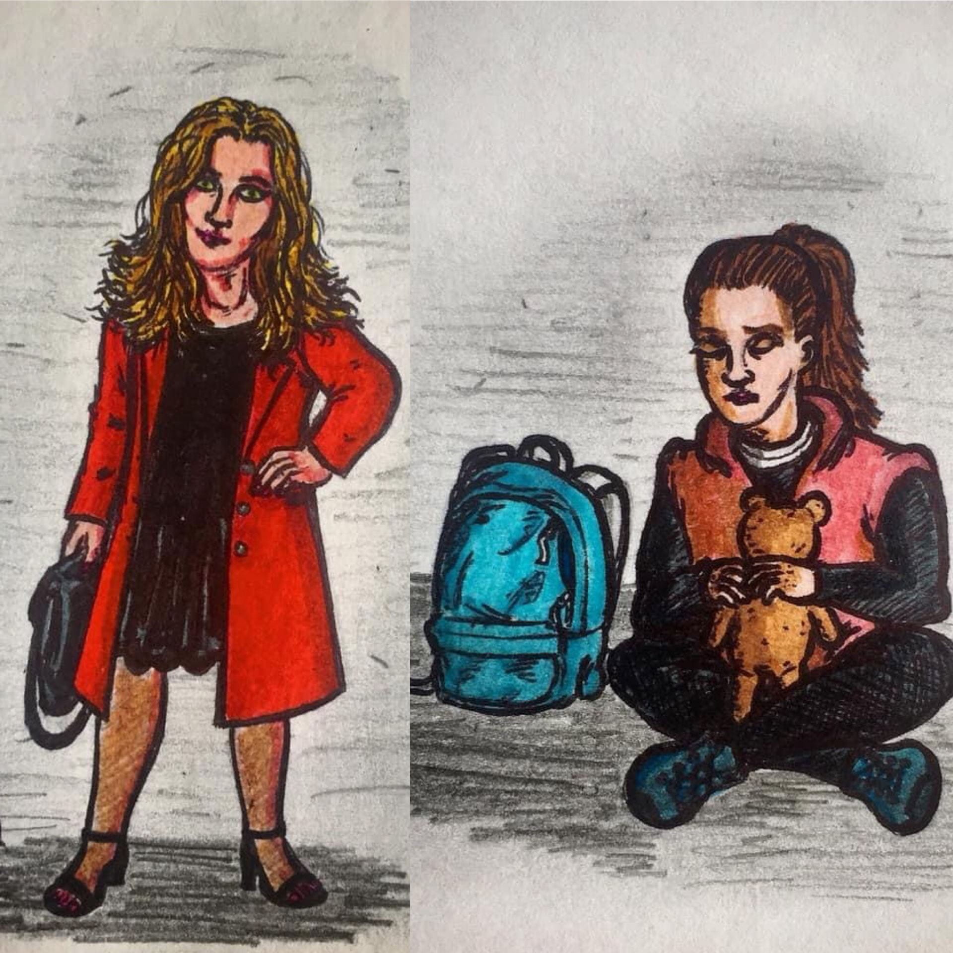 Drawings of characters; Sam & Leila. Created by James Bell.