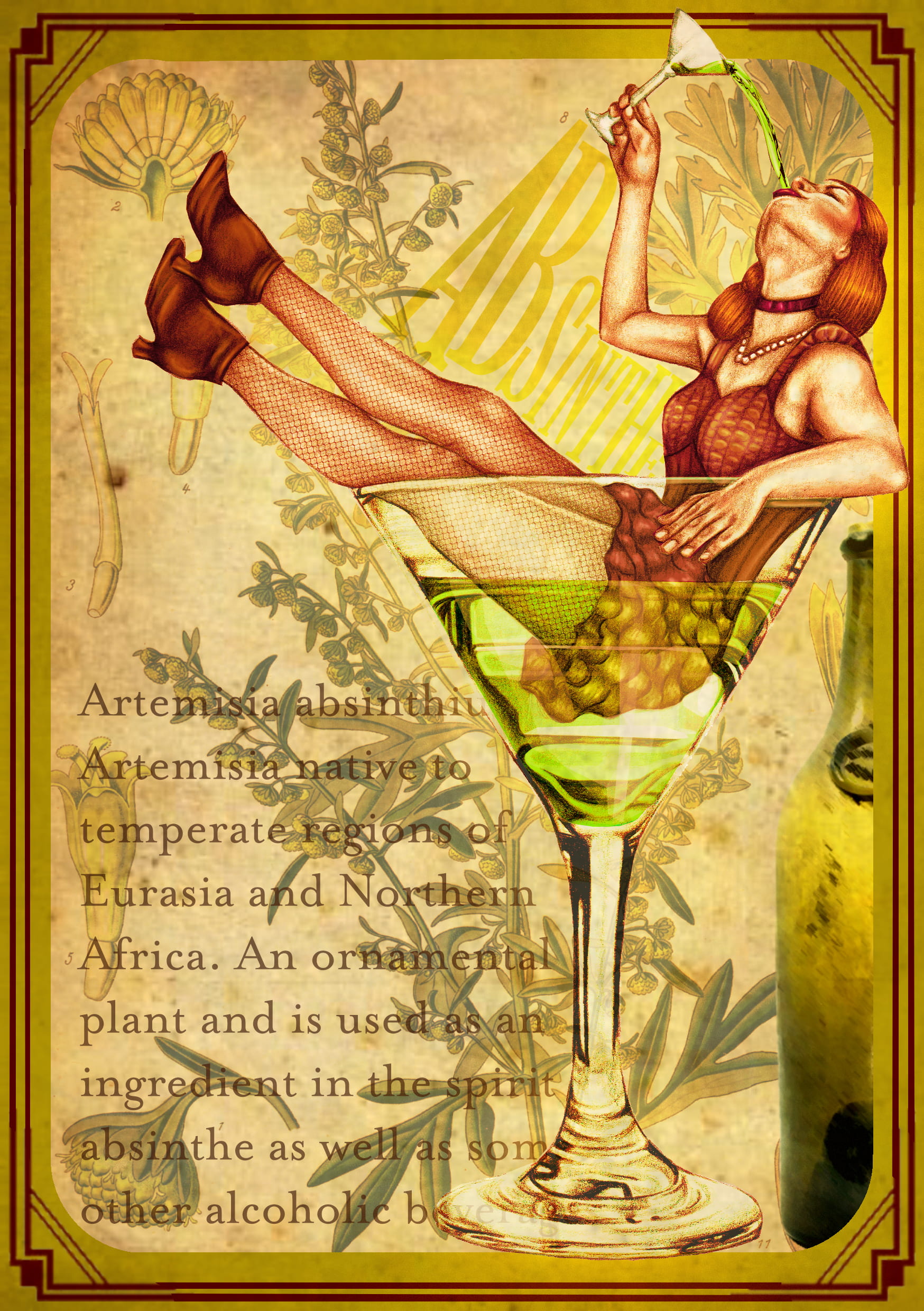 An illustration of a cabaret girl, sat in a large glass of absinthe, drinking from a small glass of absinthe.