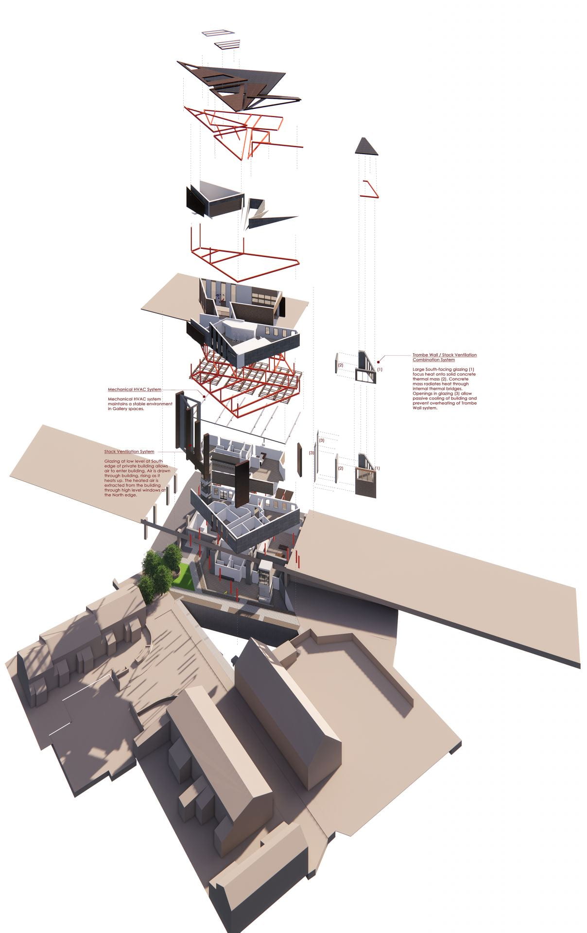 Exploded axonometric depicting how the building will be constructed