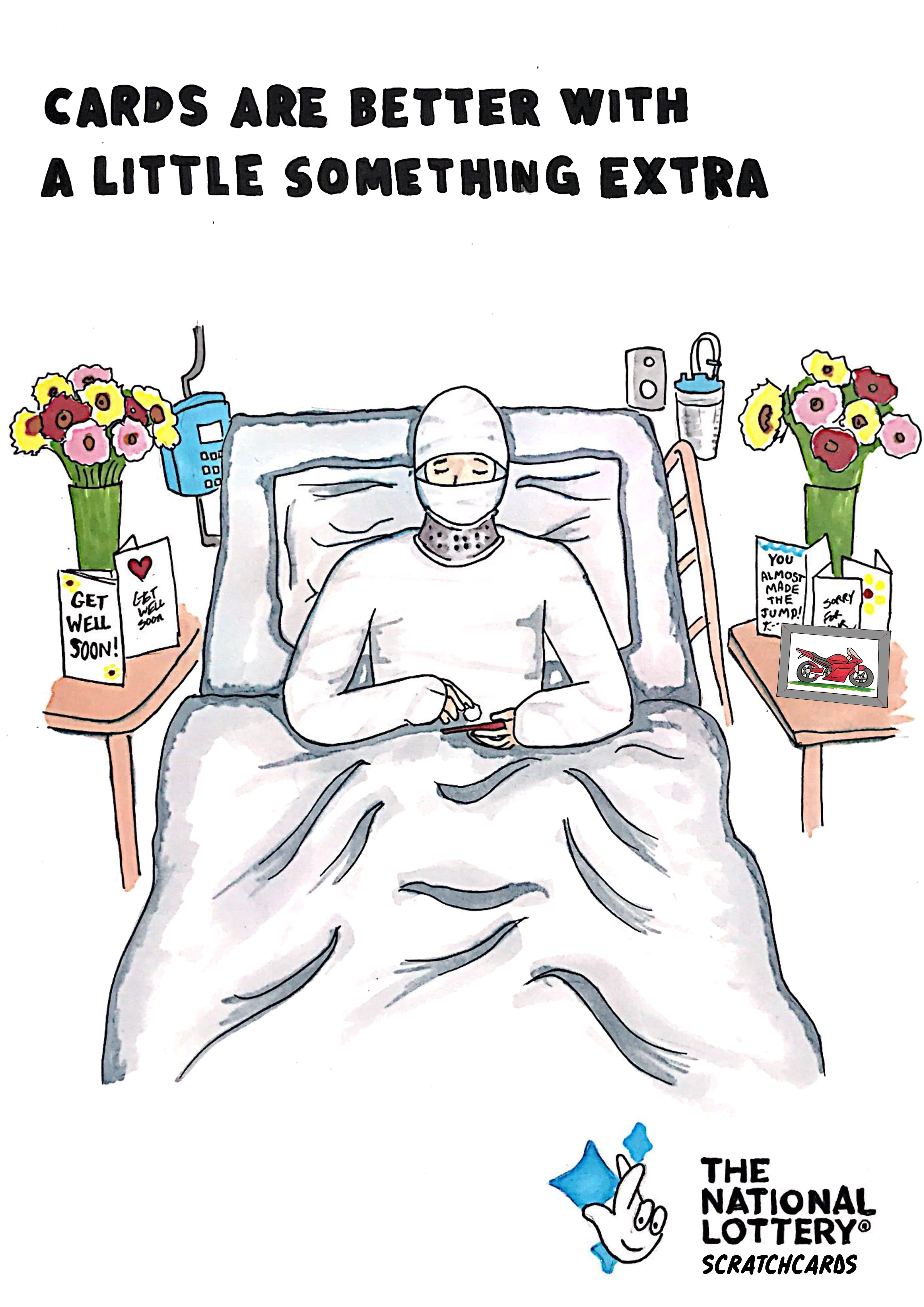 Illustration of person in hospital scratching a scratchcard surrounded with 'get well soon' cards