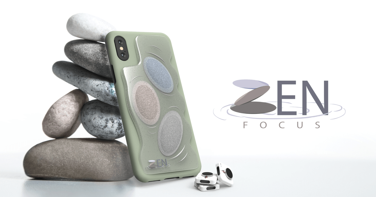 Model of the Zen Focus phone case showing it's tactile exterior, alongside a logo.