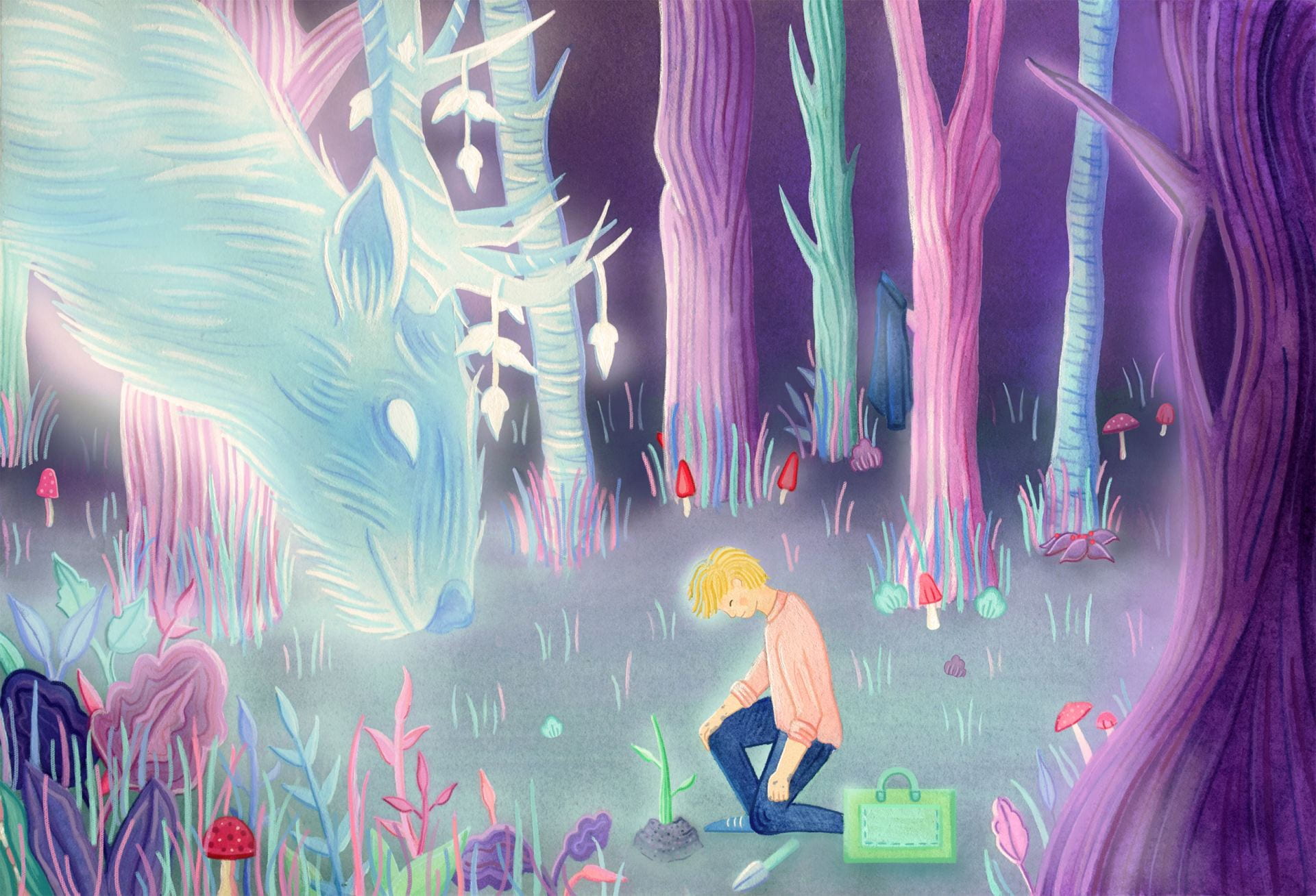 Painting of a nighttime wooded area, with a person planting a tree before a glowing, supernal deer.