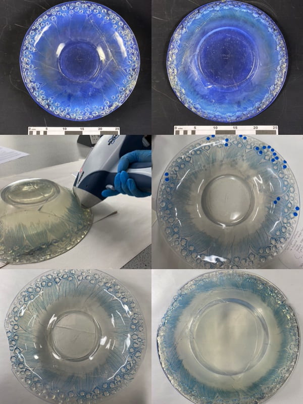 Six photographs of a blue and white ceramic bowel at different stages of repair.