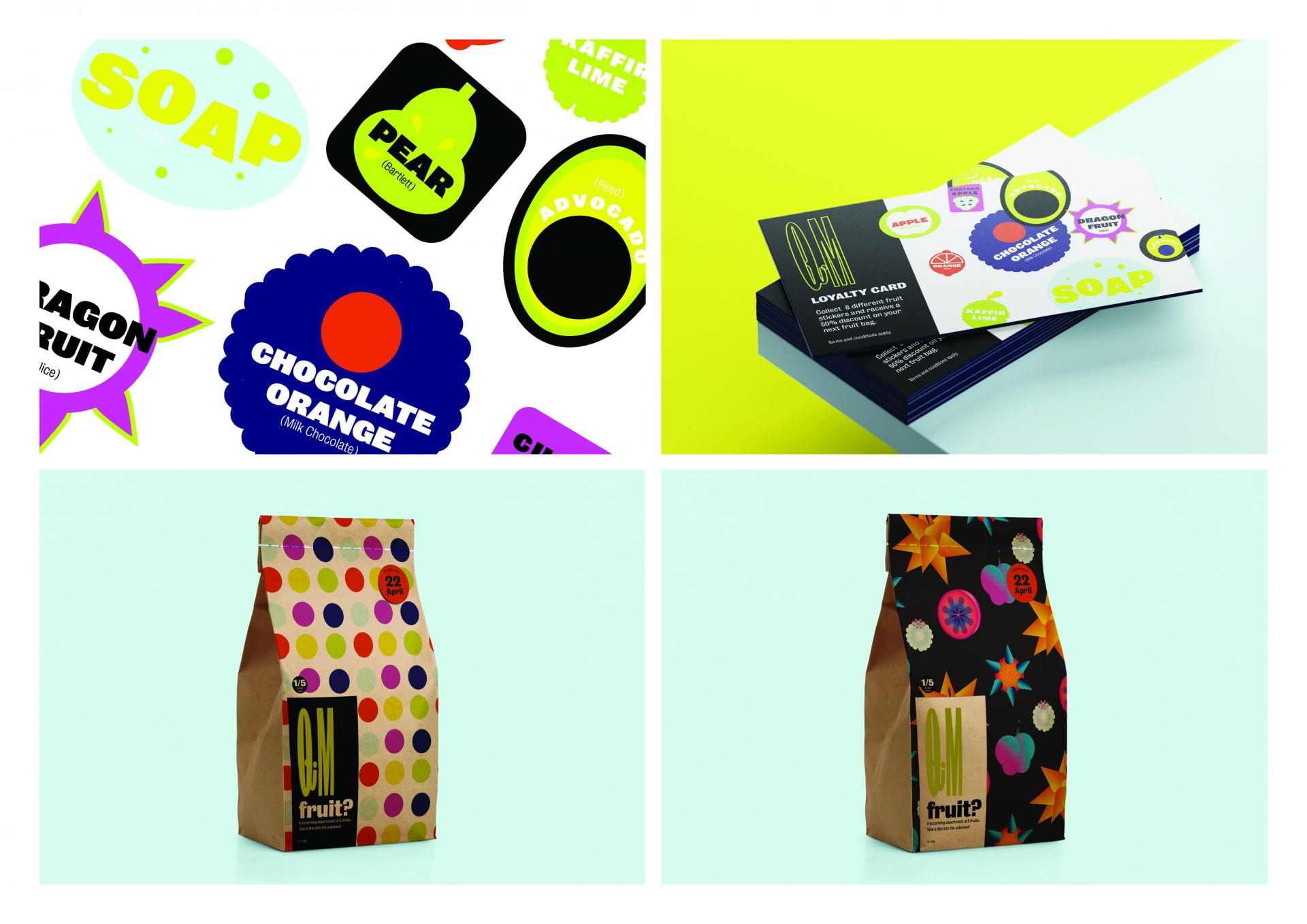 Loyalty cards and bags of fruit, brightly coloured and patterned.