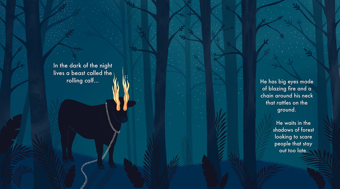 Digital image of a double page spread of a forest after-dark with a silhouette of a bull with flaming eyes.
