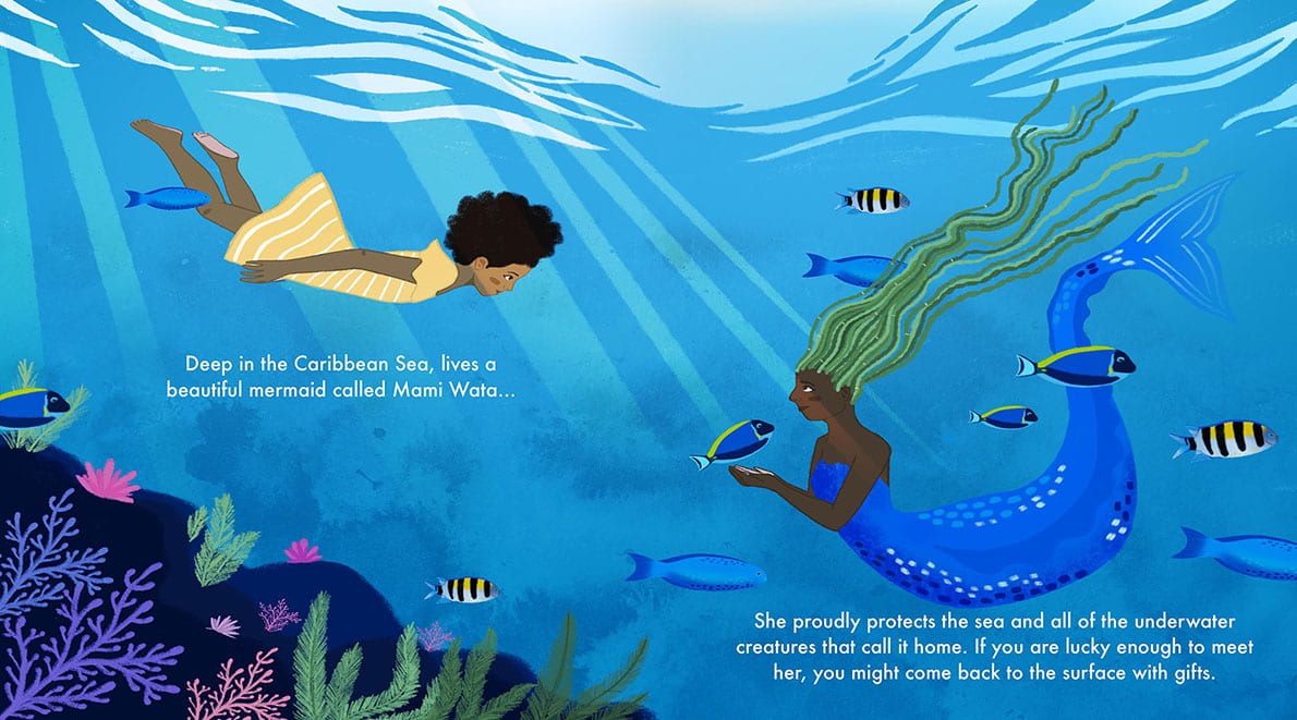 Digital image of a double page spread showing an underwater scene with a mermaid and a human meeting.