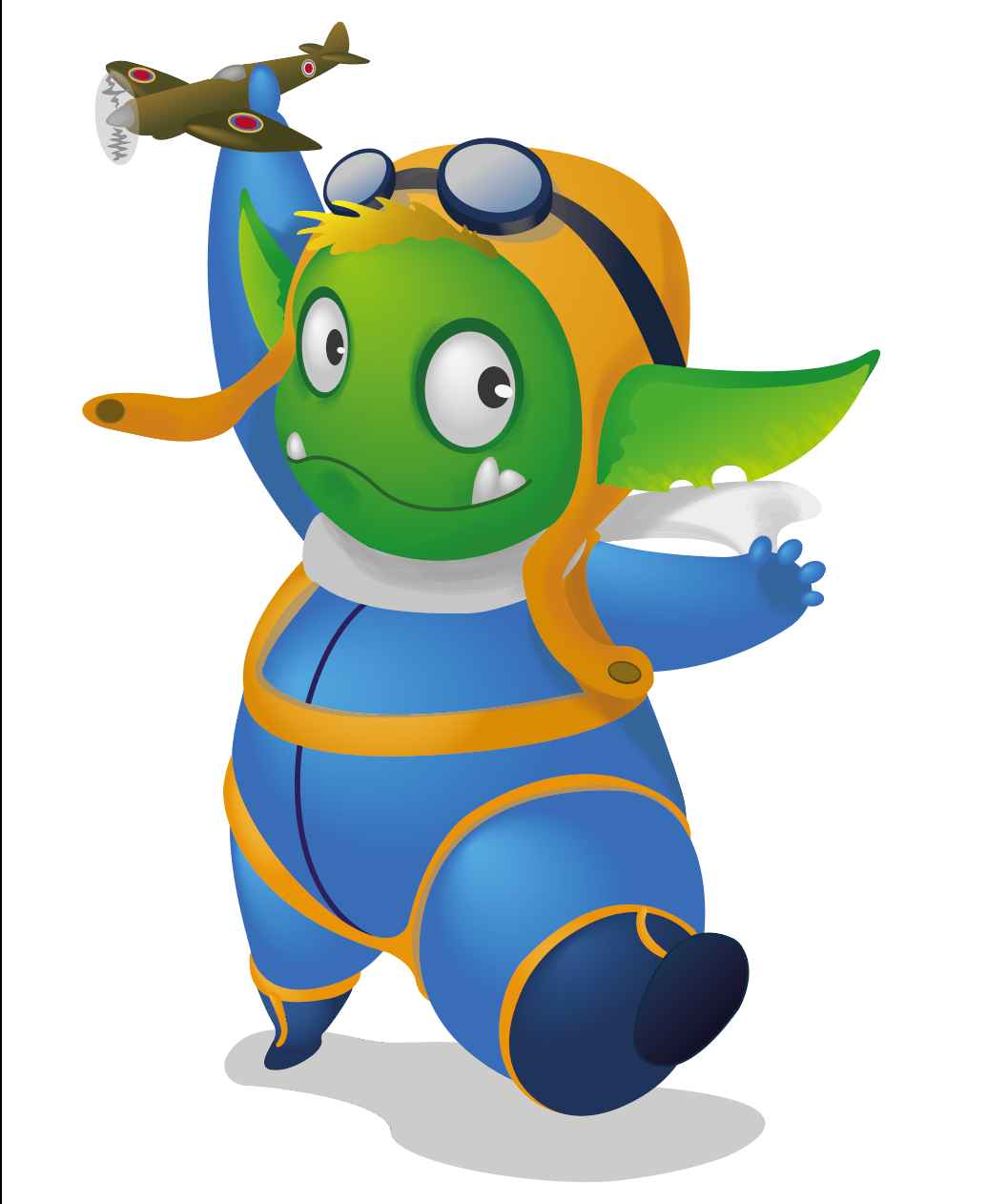 A green creature wearing a flight suit and goggles