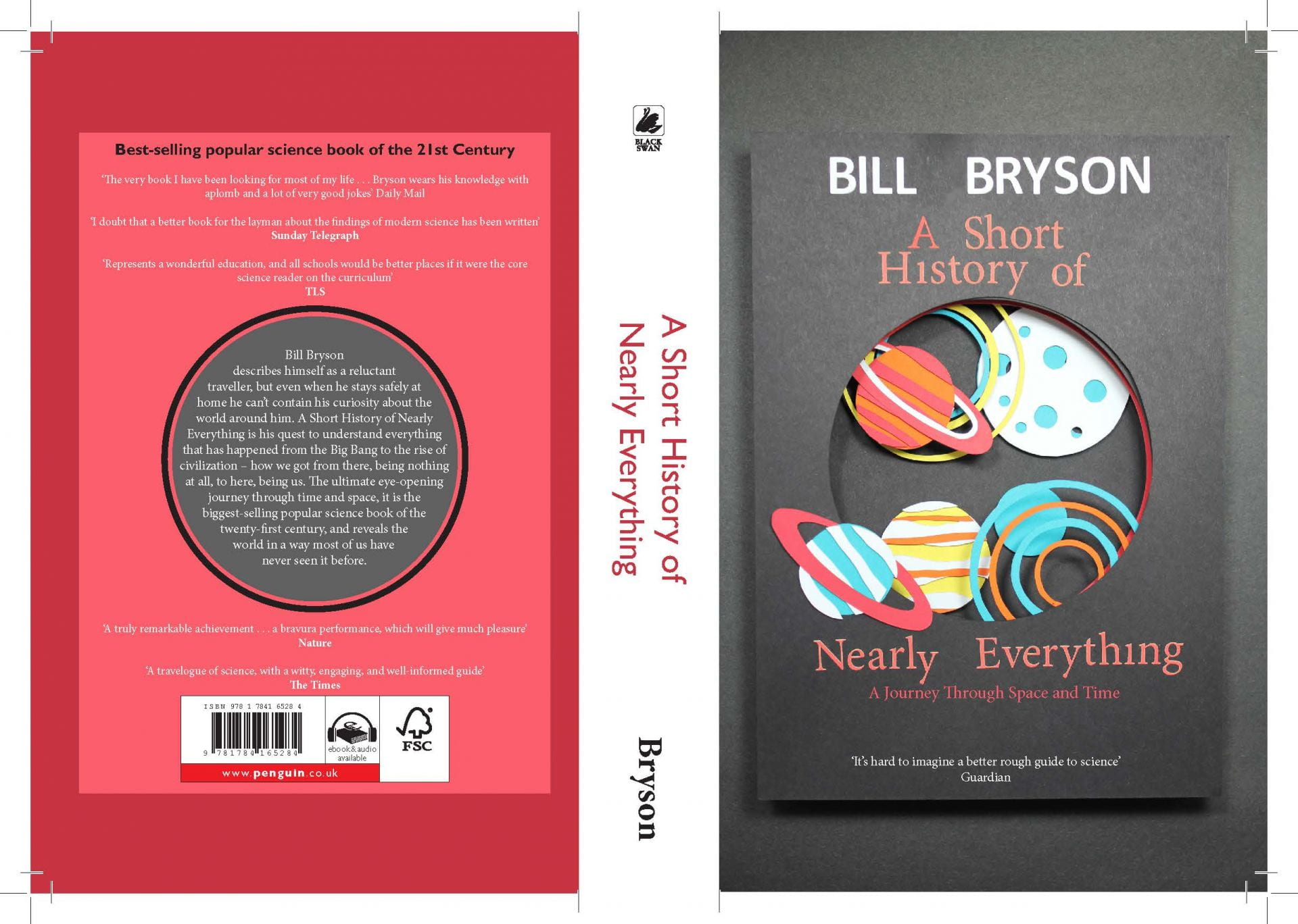3D book cover with overlapping planets on Bill Bryson's 'A short history of nearly everything' and back blurb.