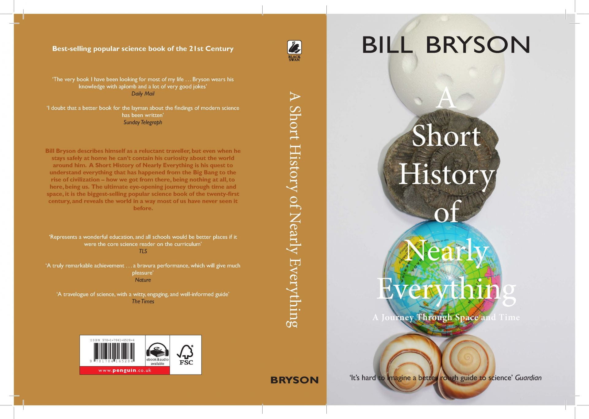 Photographic cover with stacked shells on a globe on Bill Bryson's 'A short history of nearly everything' and back blurb.