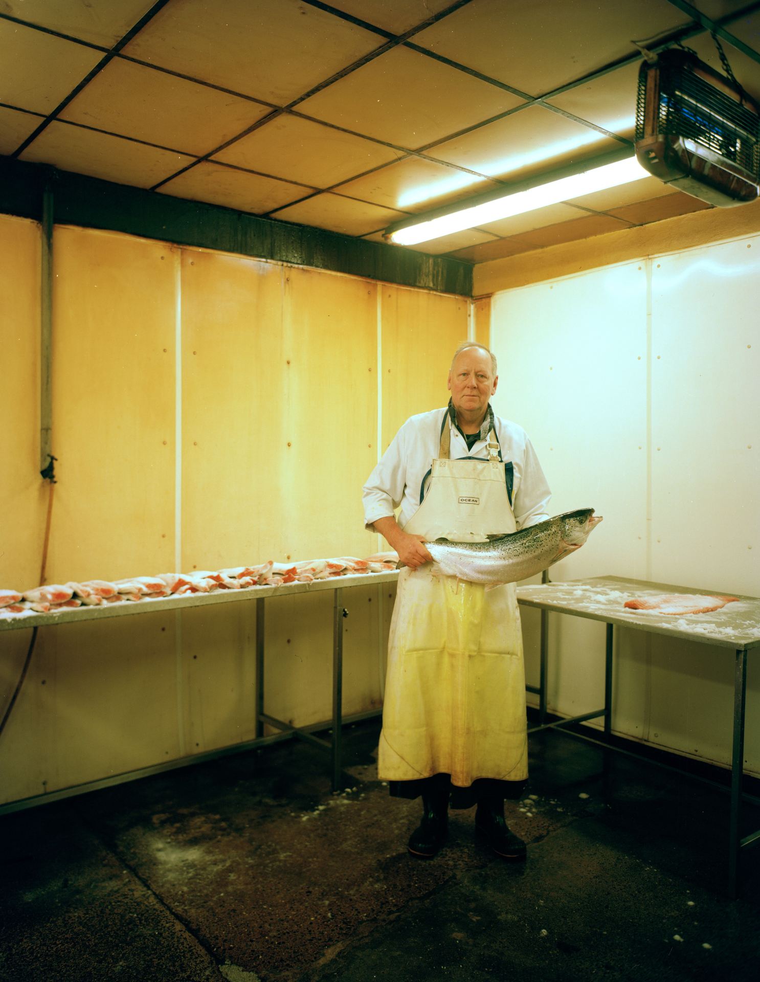 A fishmonger holding a large fish. 