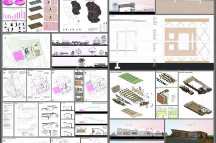 Mood board showing the intended materials and design of the building