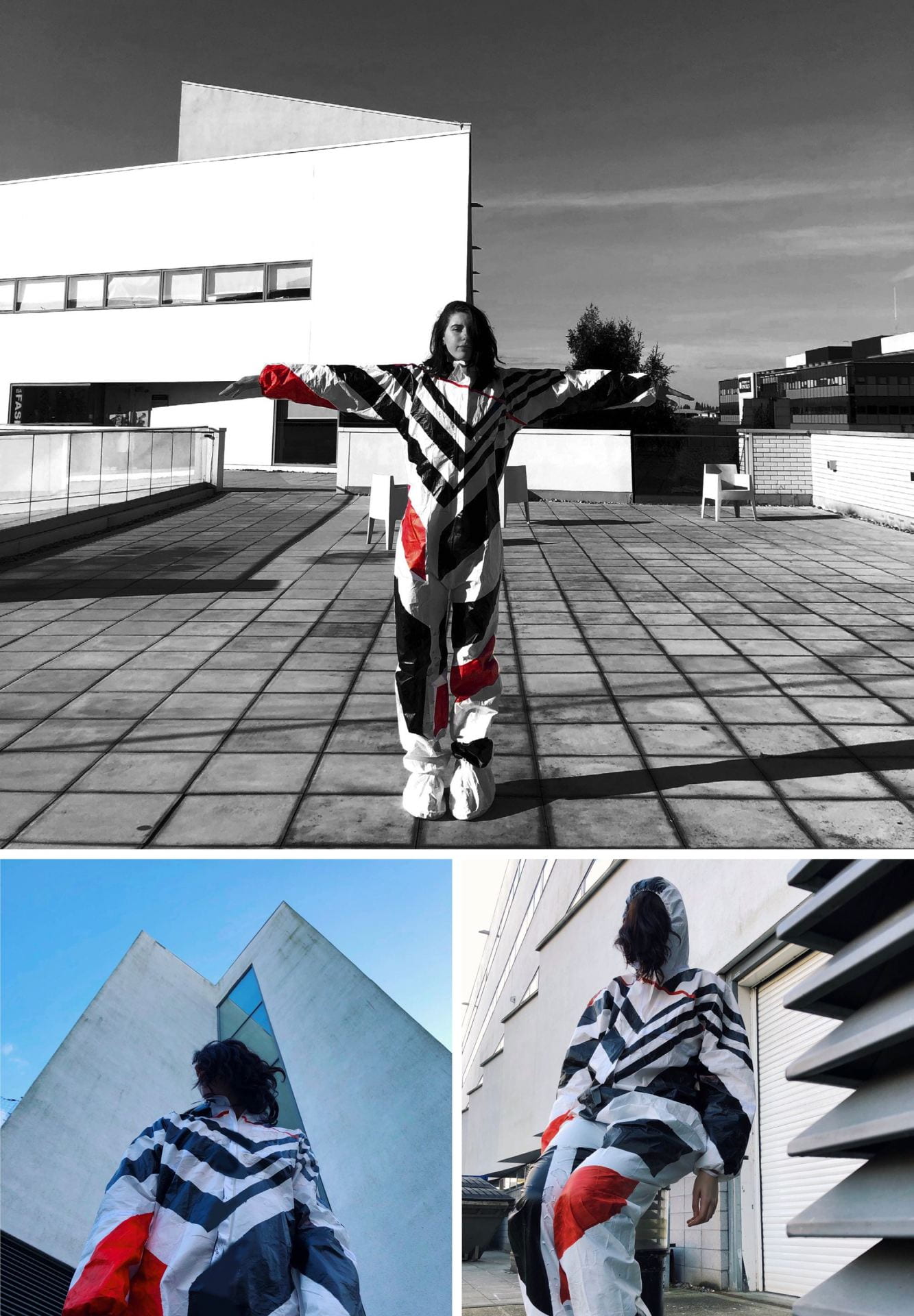 A selection of photographs of someone stood in various positions wearing a 'Dazzle Suit'. 