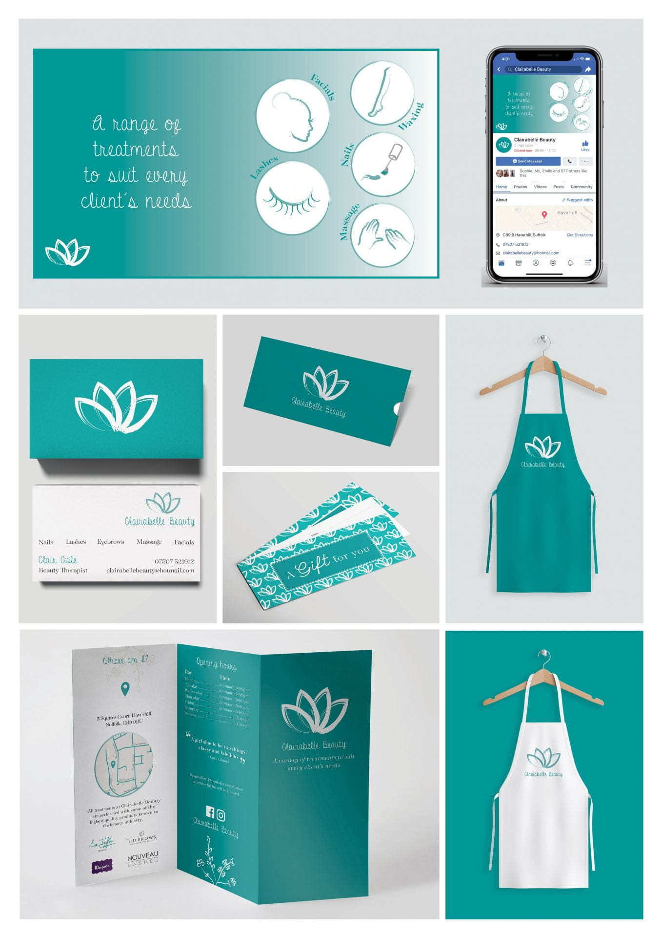 Products such as an apron, an app, and various leaflets, all using a teal and white theme.