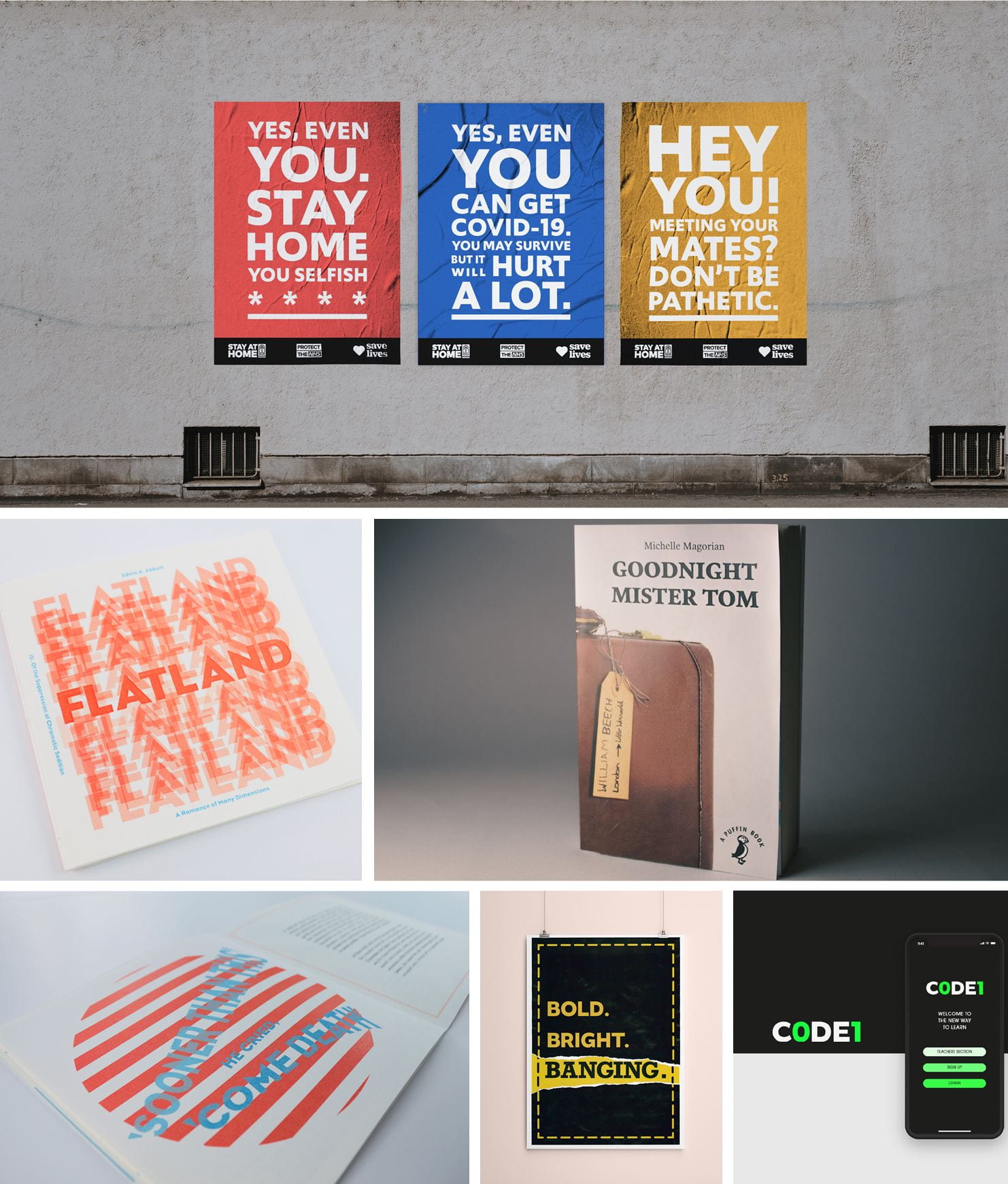 Various examples of typography including posters about COVID-19 displayed on a wall, a book 'Goodnight Mister Tom', an advertisement on a phone and a book called 'Flatland'.