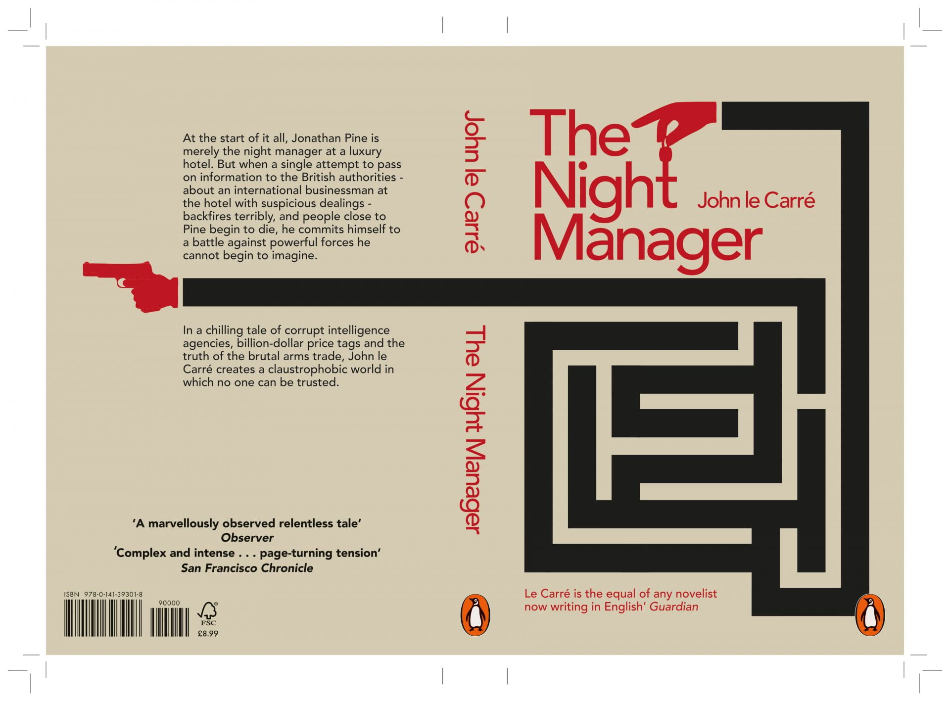 Book cover of 'The night Manager' depicting puzzles and one hand with keys the other holding a gun.
