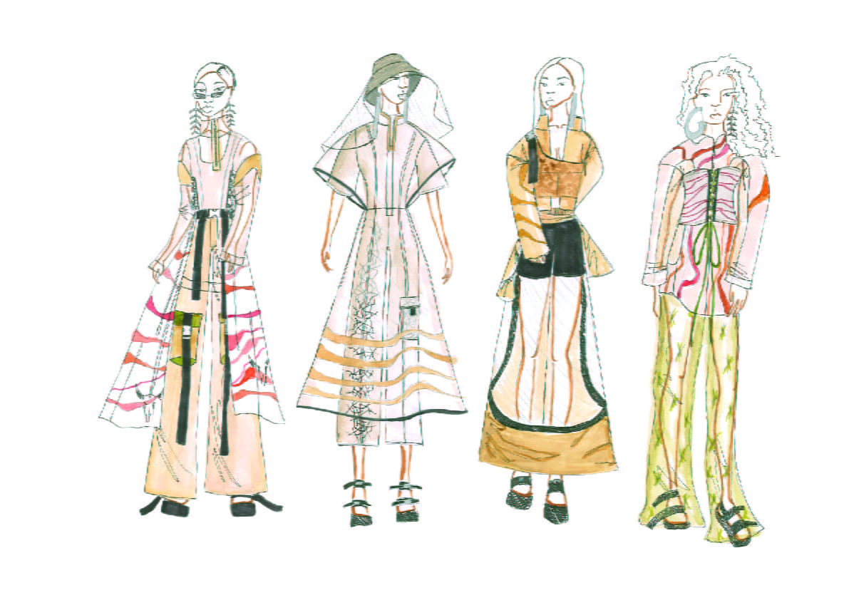 Pencil Illustration of four different dresses, each using different shades of pink, salmon and cream.