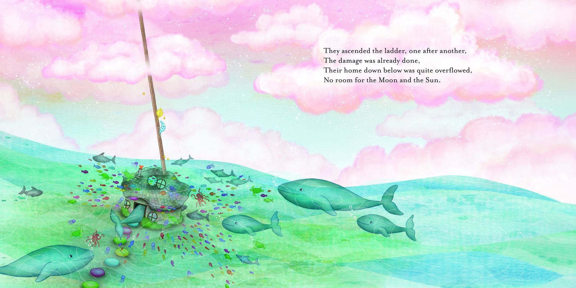 Illustration of different forms of sea-life climbing a small ladder into a cloudy sky.