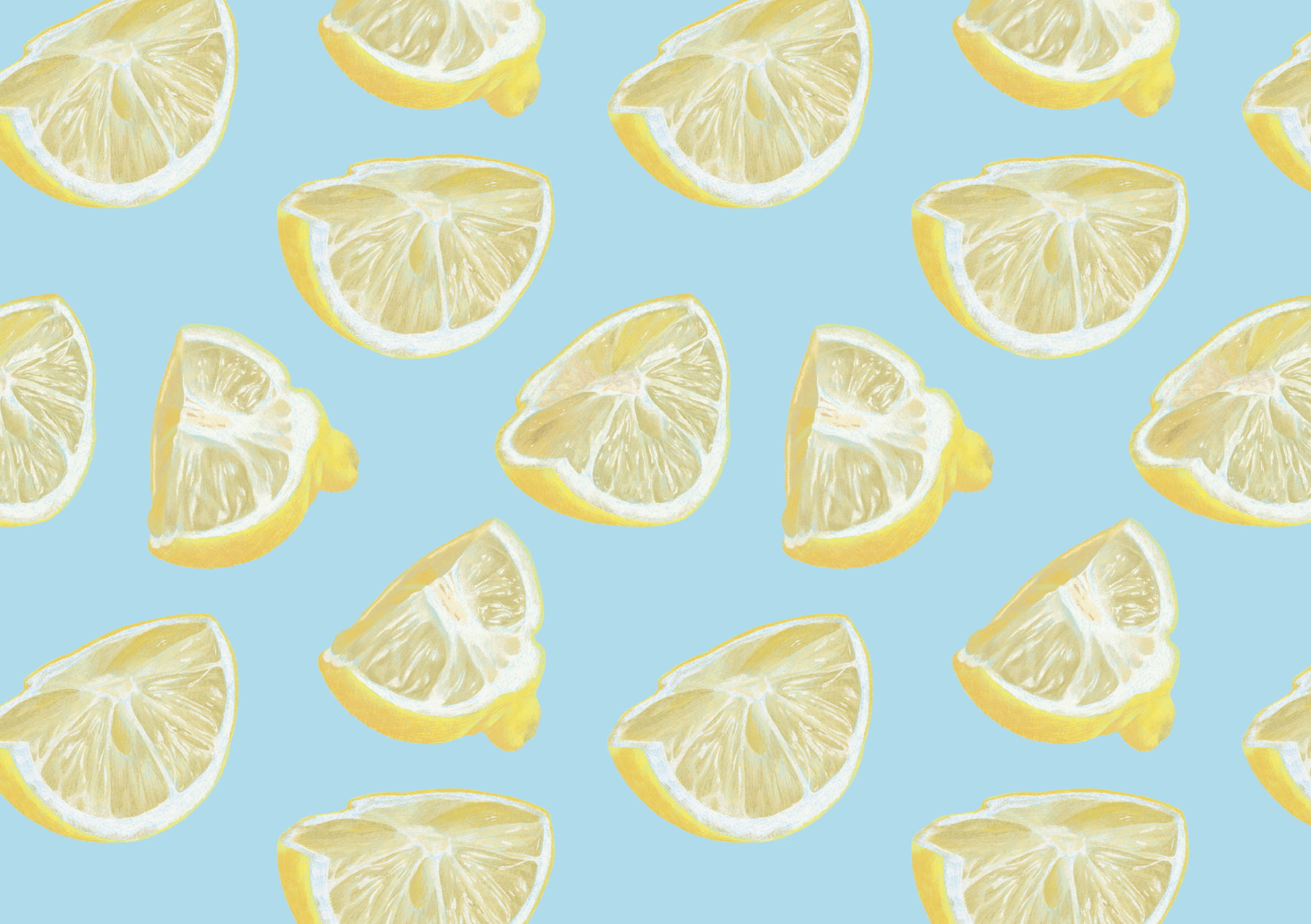 Illustration. A pattern of lemons, against a blue background.