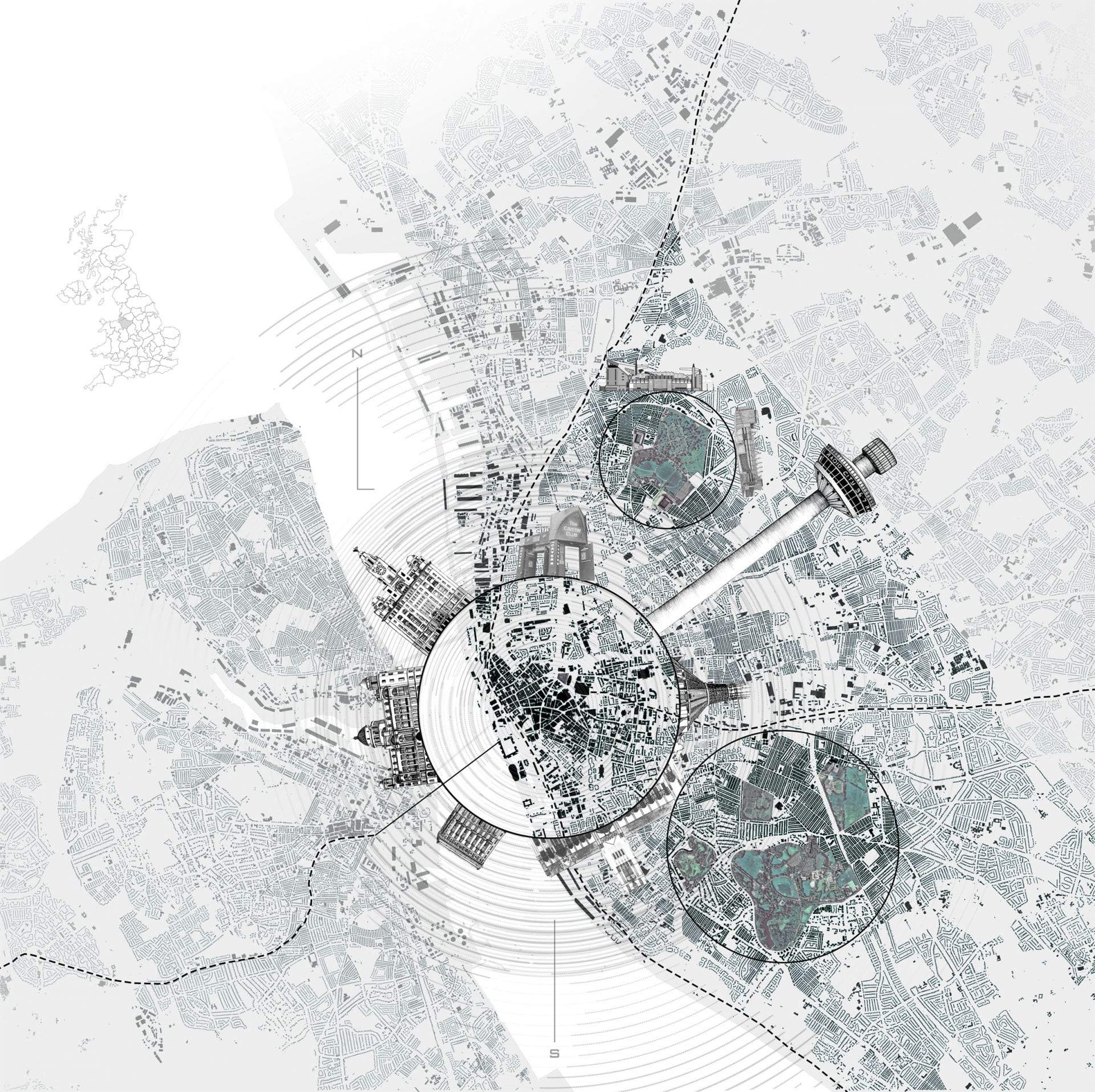 Graphic of map depicting green spaces and definitive architecture in Liverpool.